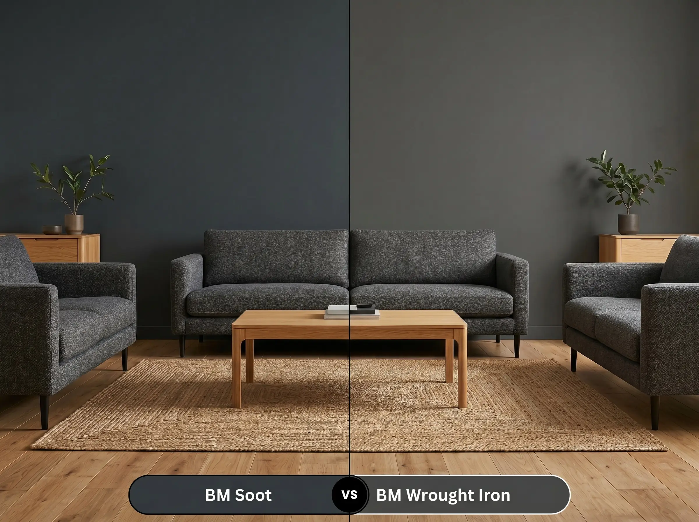 A side-by-side split-screen comparison of Benjamin Moore Soot on the left and Benjamin Moore Wrought Iron on the right, shown in a minimalist living room.