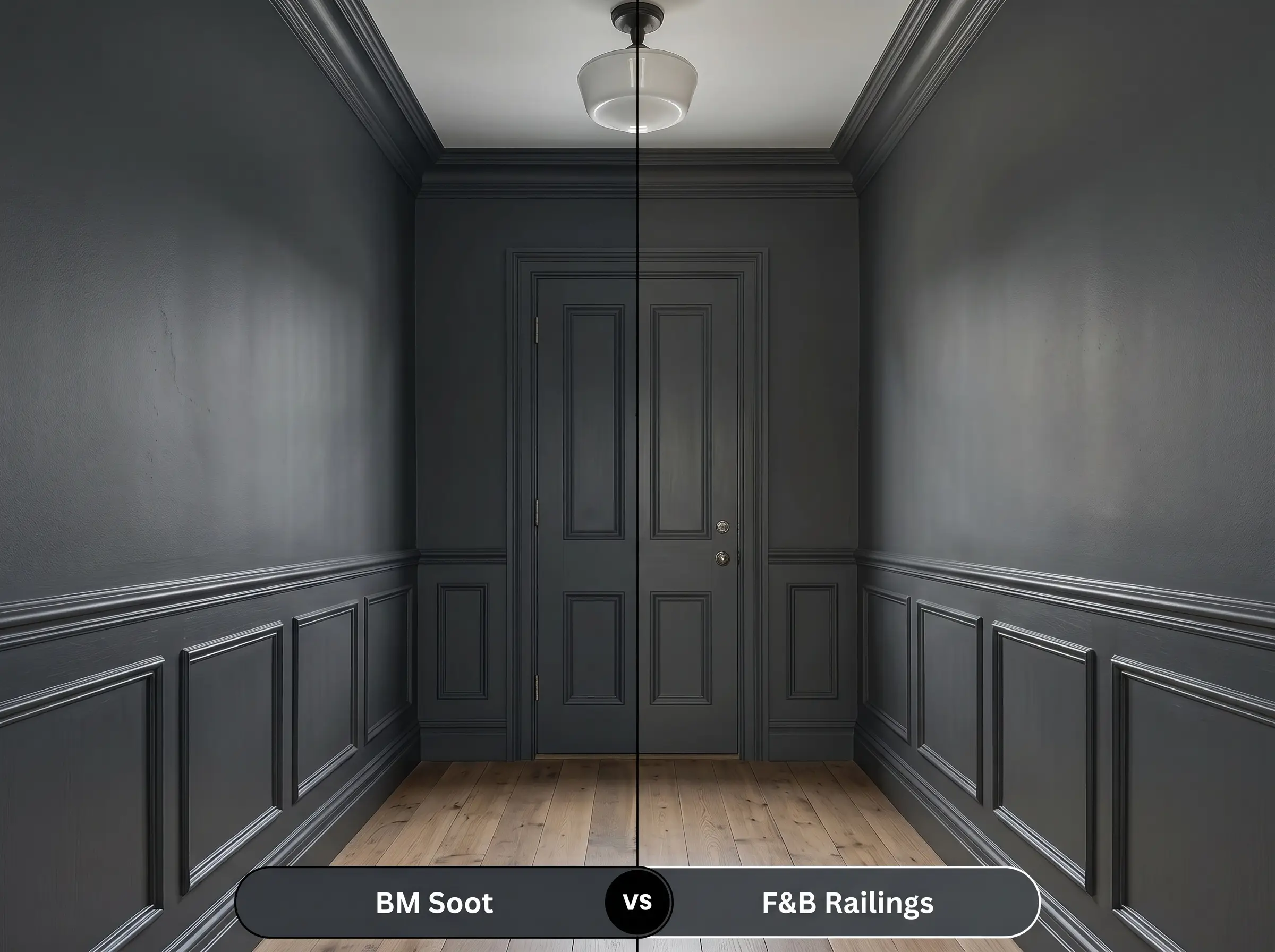 A side-by-side split-screen comparison of Benjamin Moore Soot on the left and Farrow & Ball Railings on the right, shown in a heritage home entryway.