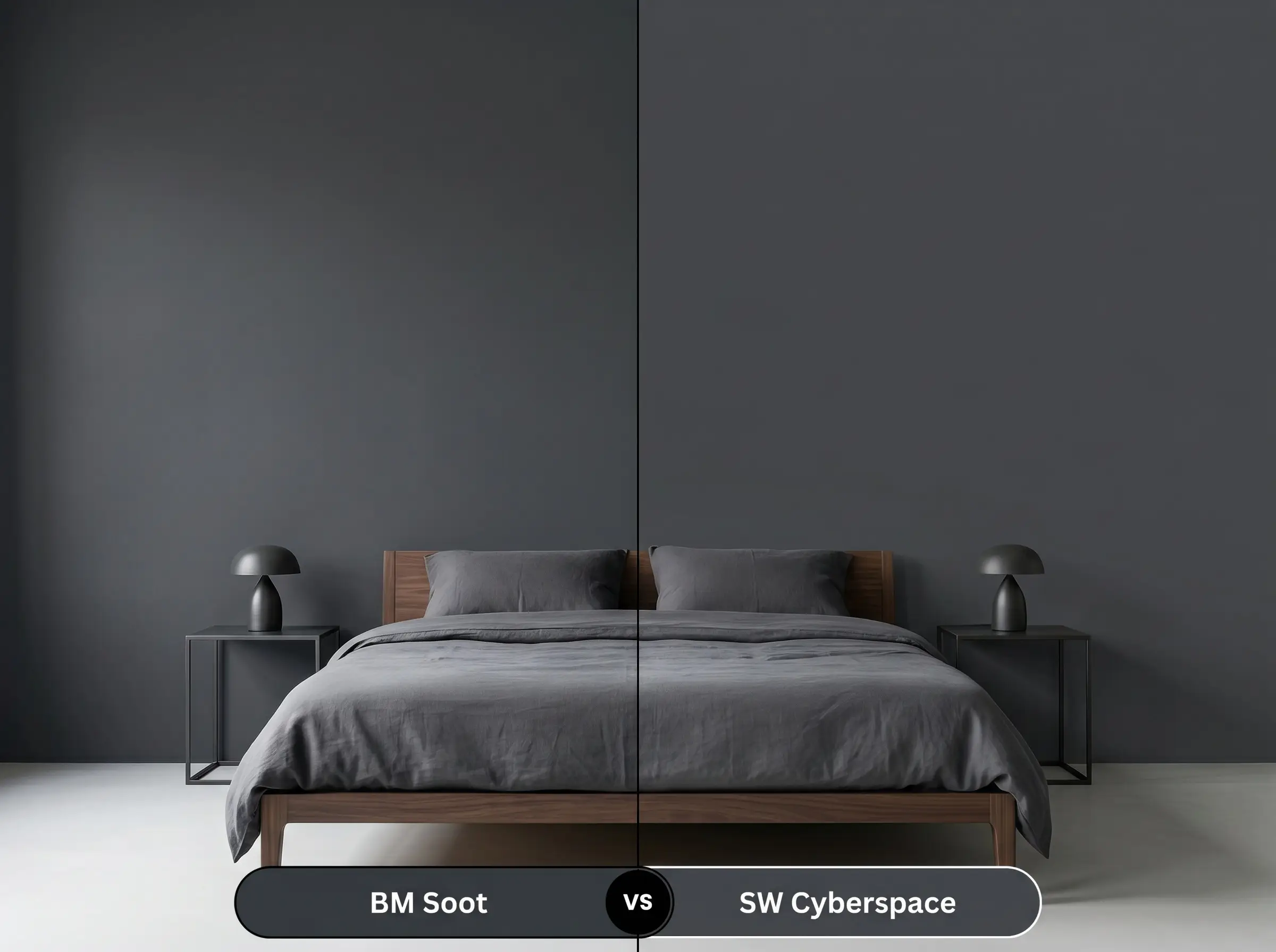A side-by-side split-screen comparison of Benjamin Moore Soot on the left and Sherwin-Williams Cyberspace on the right, shown in a minimalist bedroom.