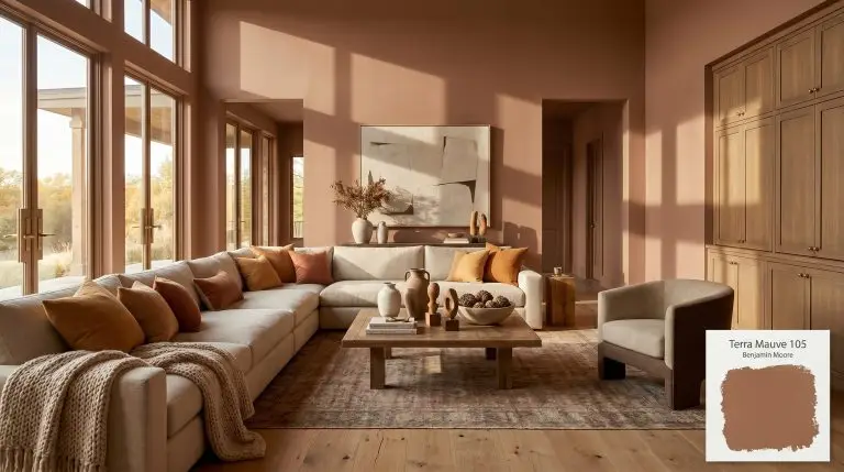 A sunlit living room painted in Benjamin Moore Terra Mauve (Hex #9C6040) featuring unlacquered oak floors, tumbled brass hardware, and warm ochre accents.