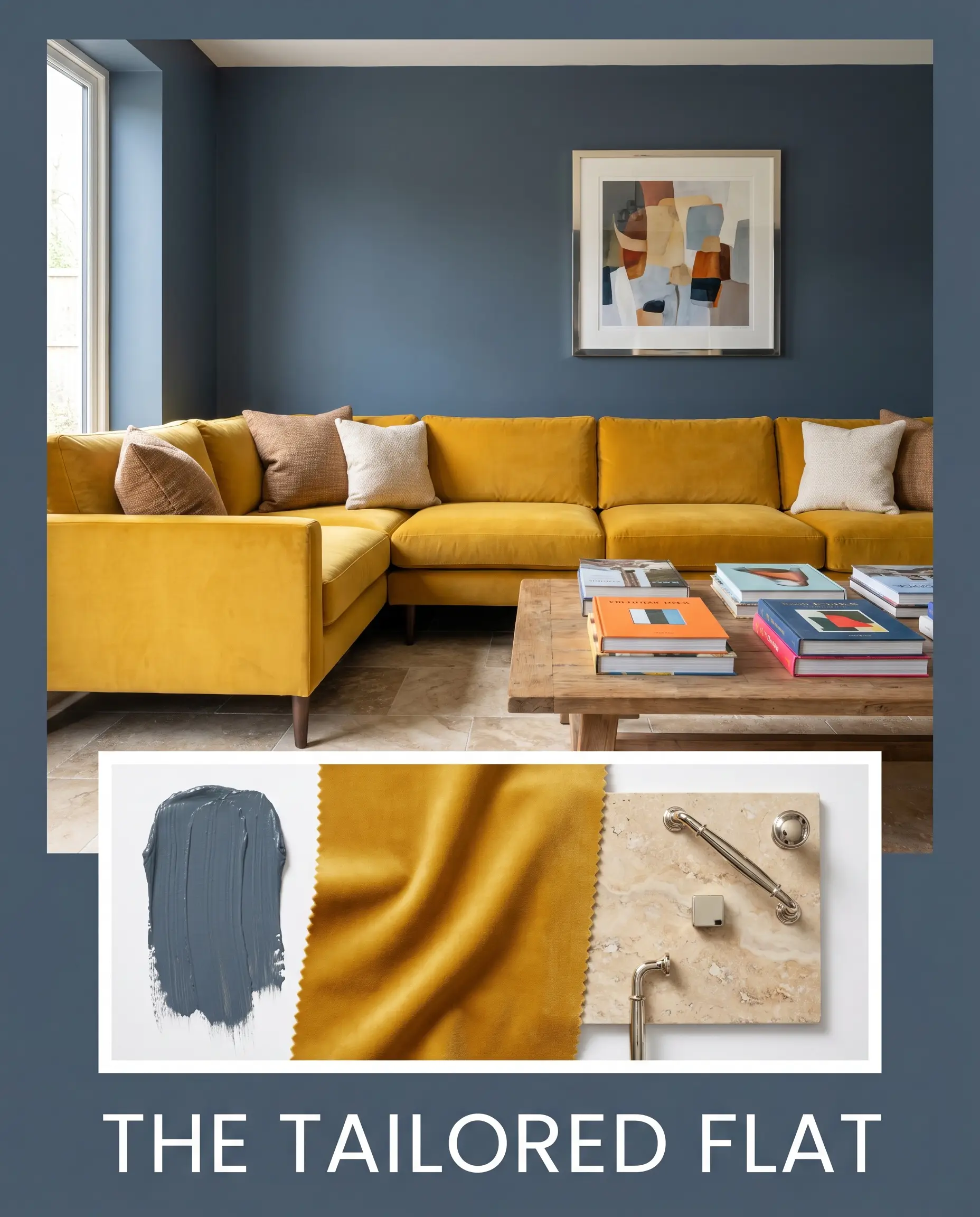 An editorial mood board showcases Benjamin Moore Van Deusen Blue (Hex #485B6E) wall paint paired with a mustard yellow velvet sectional, honed travertine flooring, and polished nickel hardware.