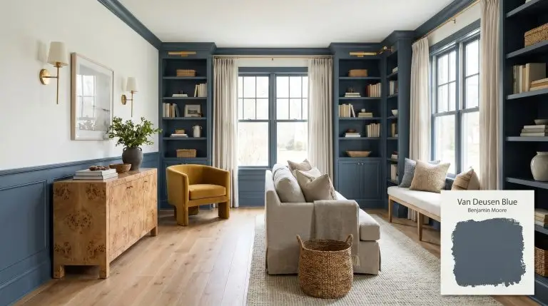 Extensive built-in bookshelves and lower wainscoting painted in Benjamin Moore Van Deusen Blue (Hex #485B6E) anchor a transitional living room featuring a mustard velvet chair and burled wood console.