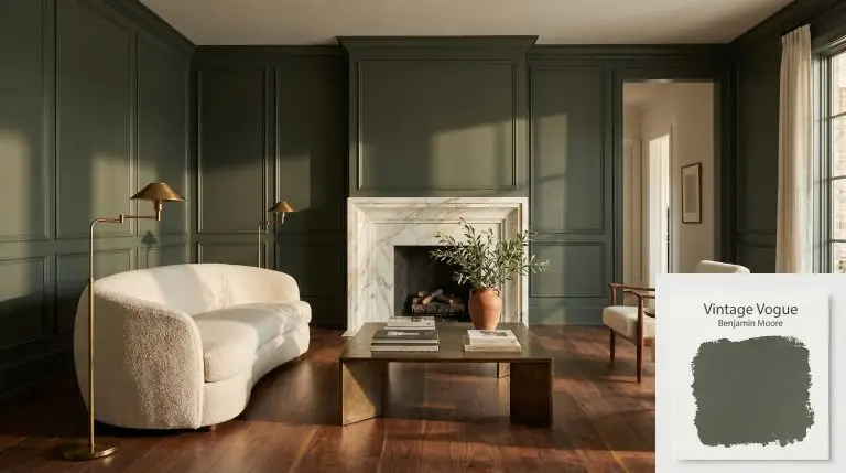 A photorealistic living room featuring walls painted in Benjamin Moore Vintage Vogue (Hex #565D4F), complemented by a Calacatta Gold marble fireplace and a cream boucle sofa.
