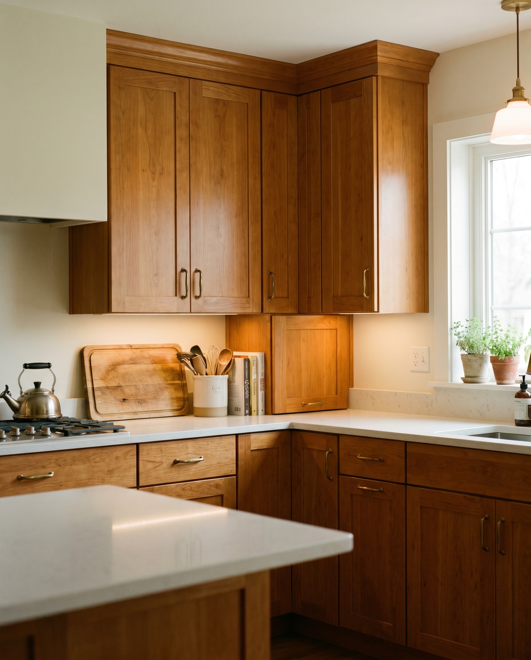 Warm golden-amber cherry wood cabinets feature unlacquered brass pulls against soft Benjamin Moore White Dove walls and light quartz countertops.