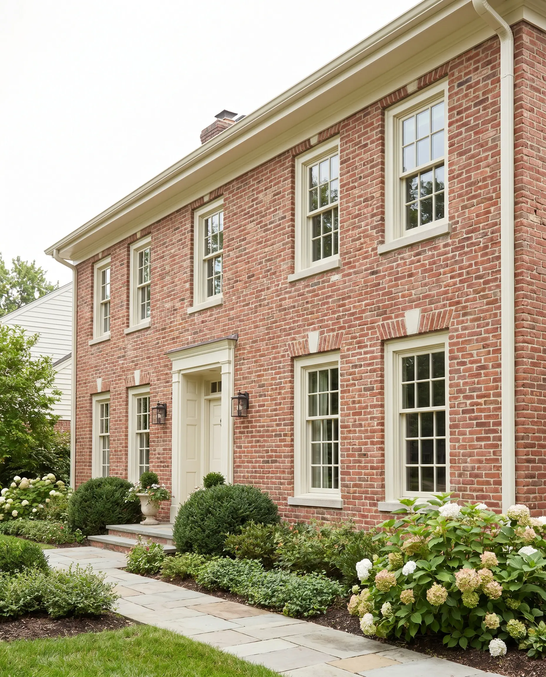 Creamy warm white painted window casings, universal trim, and gutters perfectly match the lightest tones in the traditional red brick mortar joint.