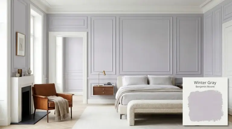 Elegant Parisian-style picture frame molding painted in Benjamin Moore Winter Gray (Hex #D0CDD6) surrounds a floating walnut side table and plush bouclé bench.
