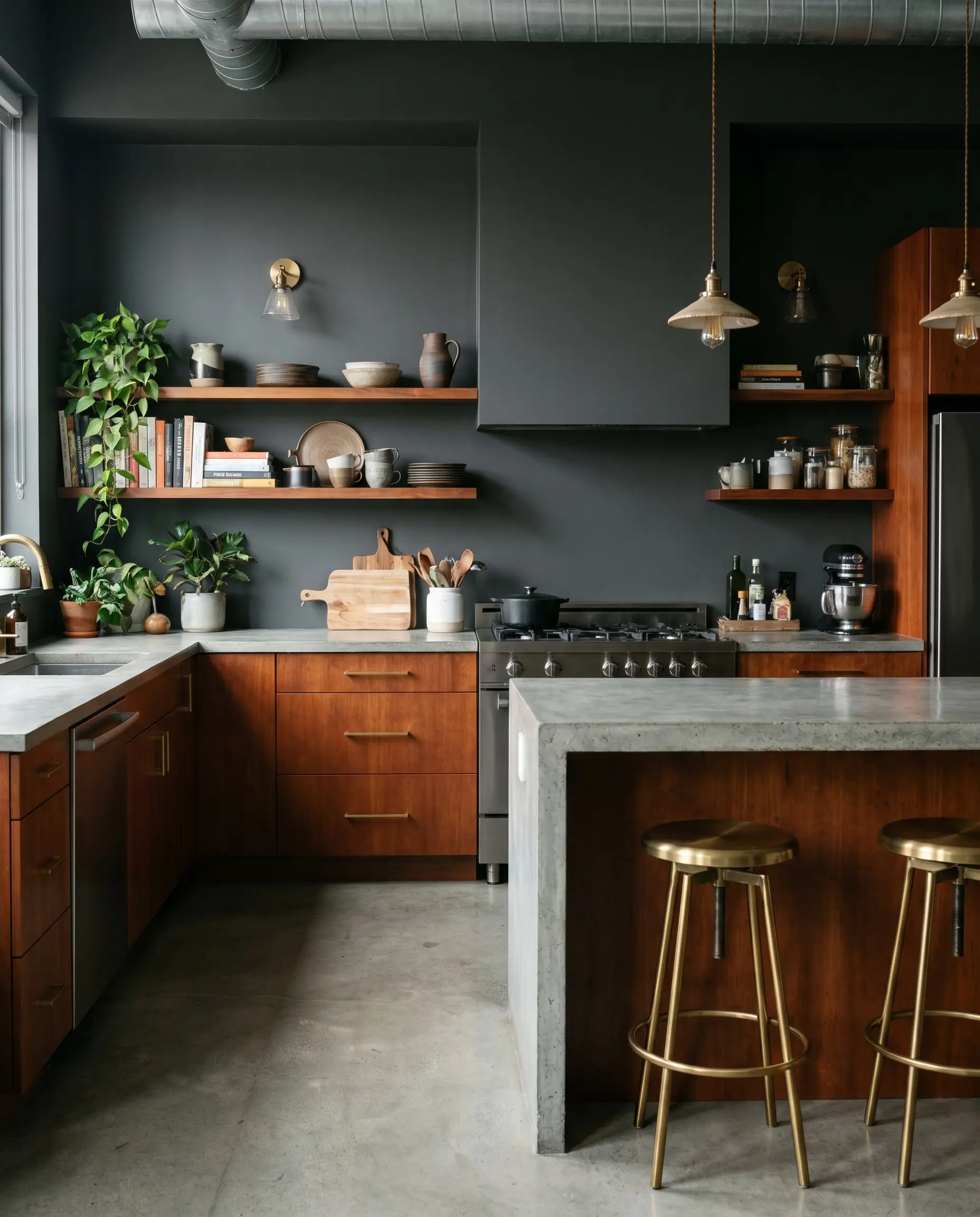 Soft muted black Benjamin Moore Wrought Iron walls provide a sleek backdrop for traditional red cherry wood cabinets and brushed brass hardware.