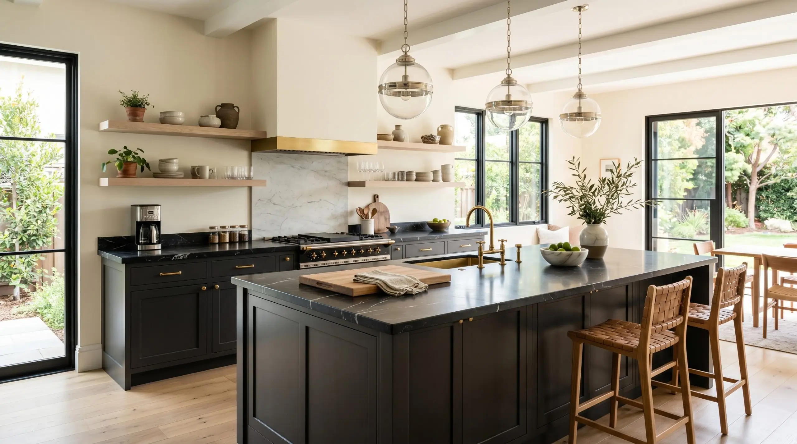 A bespoke kitchen showcases a massive central island and lower cabinets painted in Benjamin Moore Onyx (Hex #353434), accented by Nero Marquina marble and nickel pendants.
