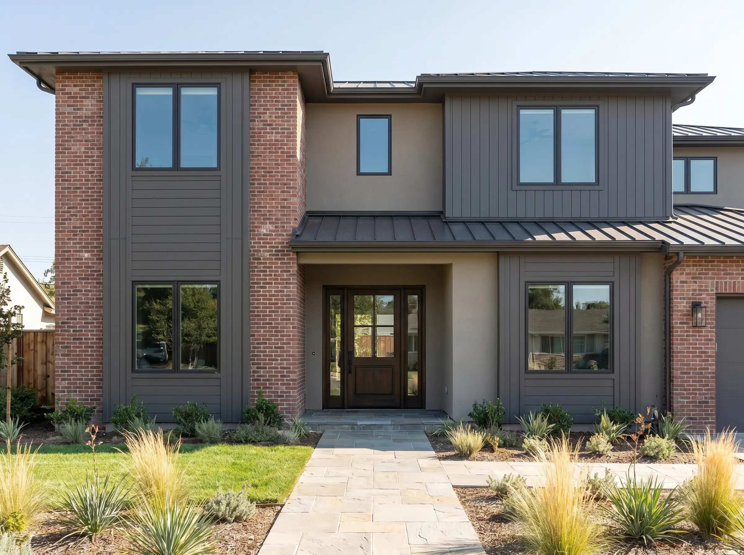 The best exterior colors for red brick houses incorporate smooth mid-tone greige stucco and modern composite cladding panels along a neatly paved walkway.