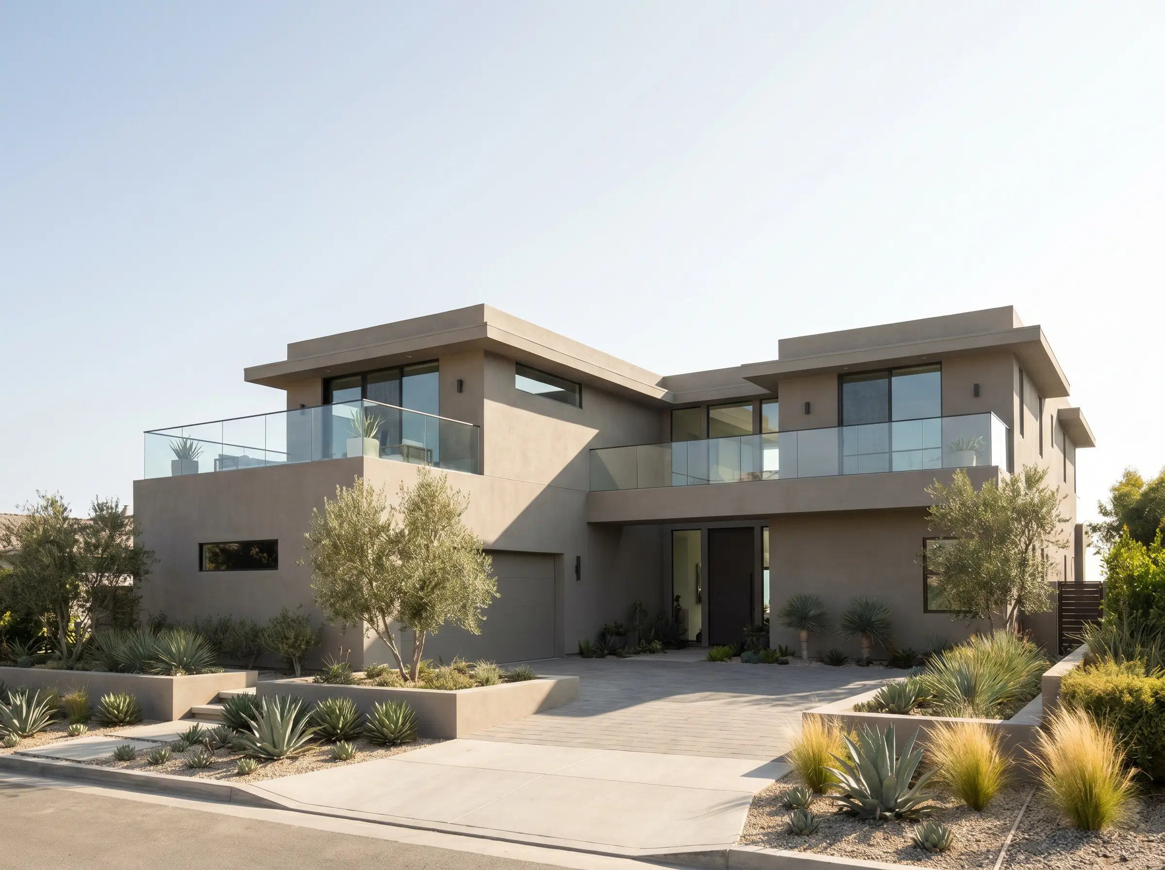 Flawless smooth-trowel stucco walls present modern greige facade ideas alongside frameless glass balcony railings and native desert landscaping on a contemporary home.