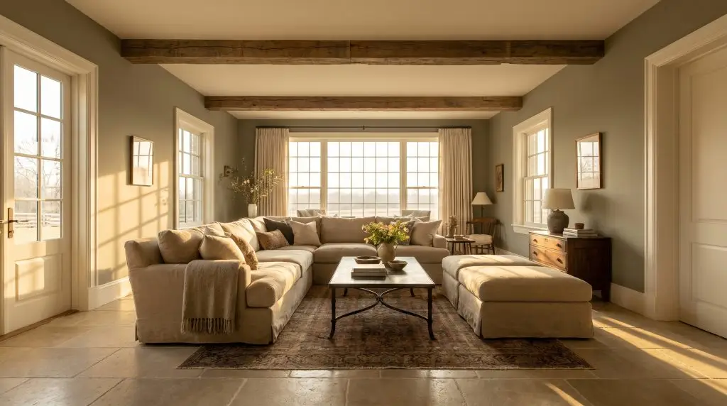 The best greige paint colors shine in this rustic living room featuring Revere Pewter walls, reclaimed wood ceiling beams, and a plush linen sectional.