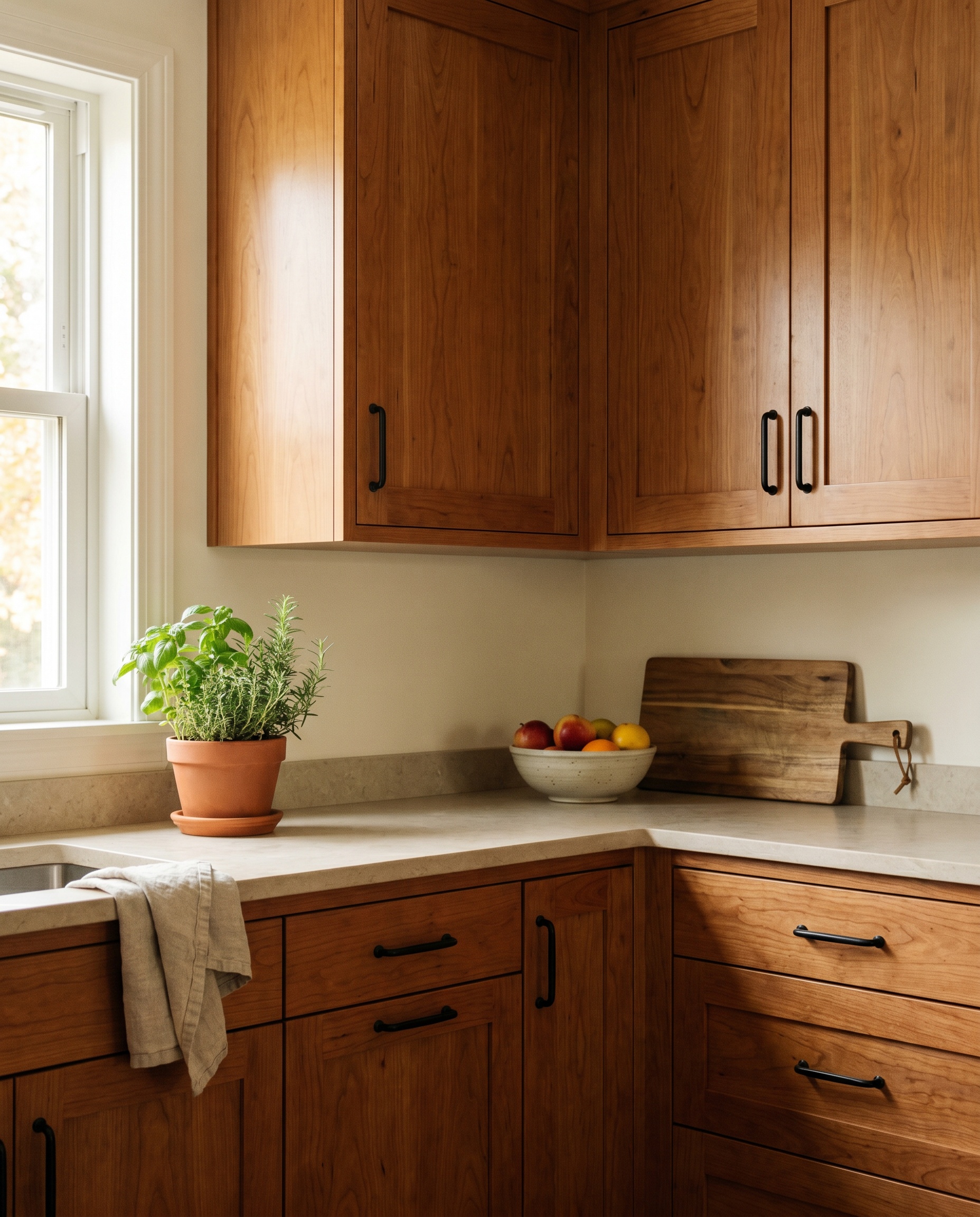Warm cherry wood cabinets adorned with matte black hardware stand out against luxurious off-white Benjamin Moore Swiss Coffee painted walls.