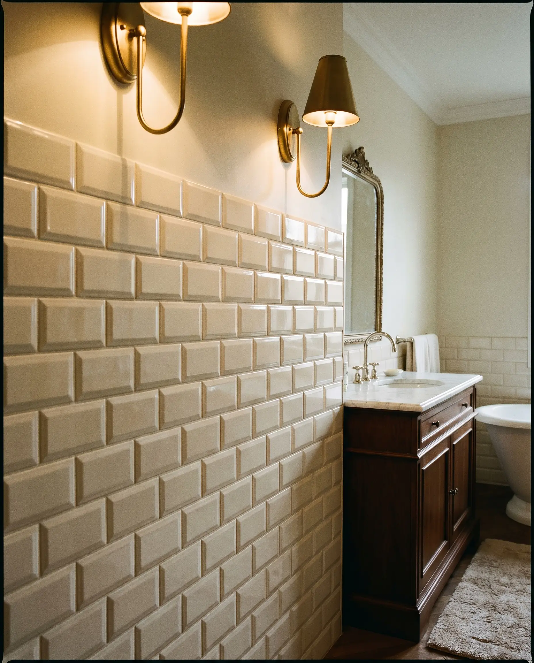 Deep sloped beveled edge tiles create heavy architectural shadow play beneath elegant brass wall sconces, a classic marble-topped vanity, and polished nickel faucet.