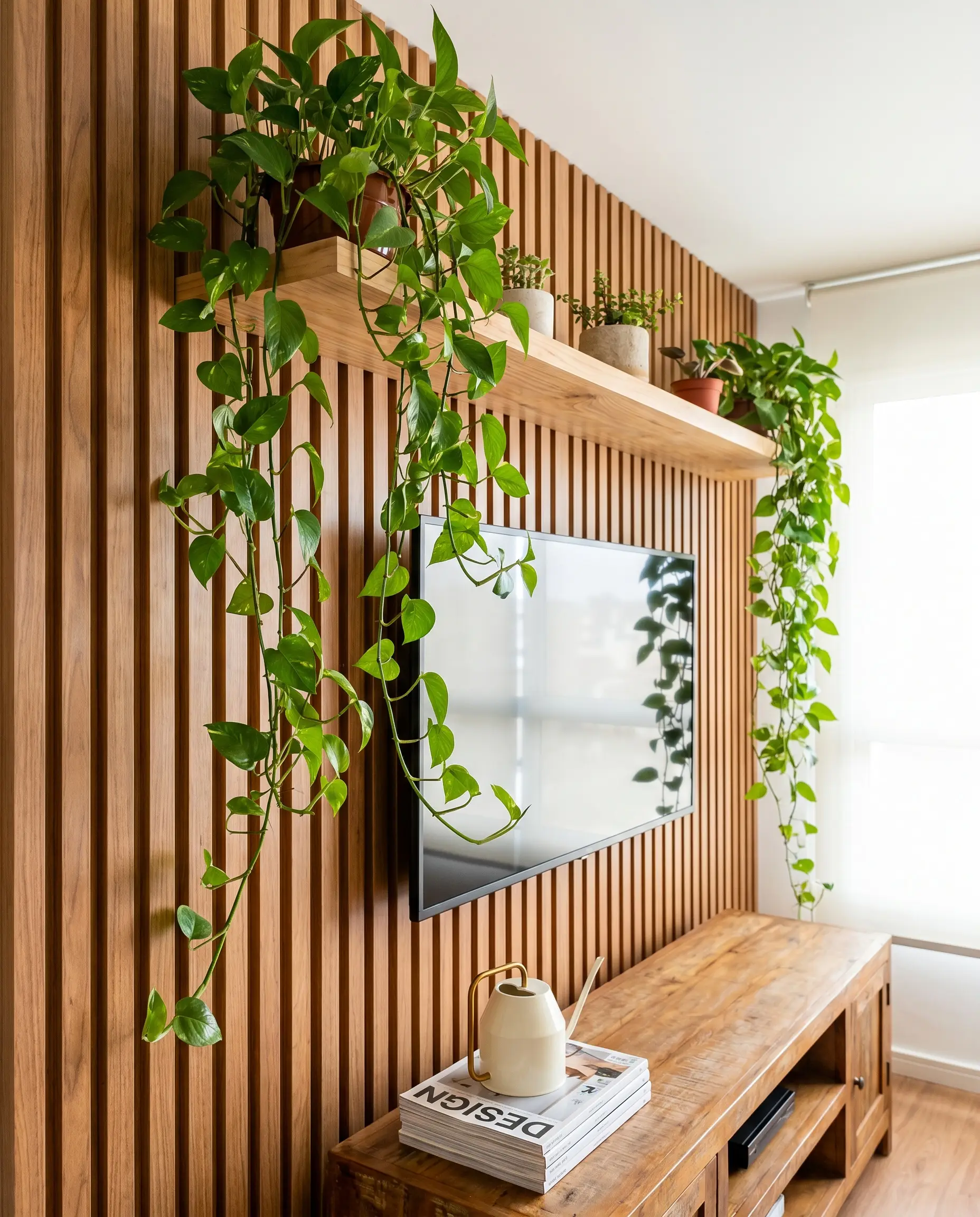 Vibrant green foliage from a live Pothos plant drapes elegantly over a floating shelf, popping against the natural grain of a vertical slat TV wall.