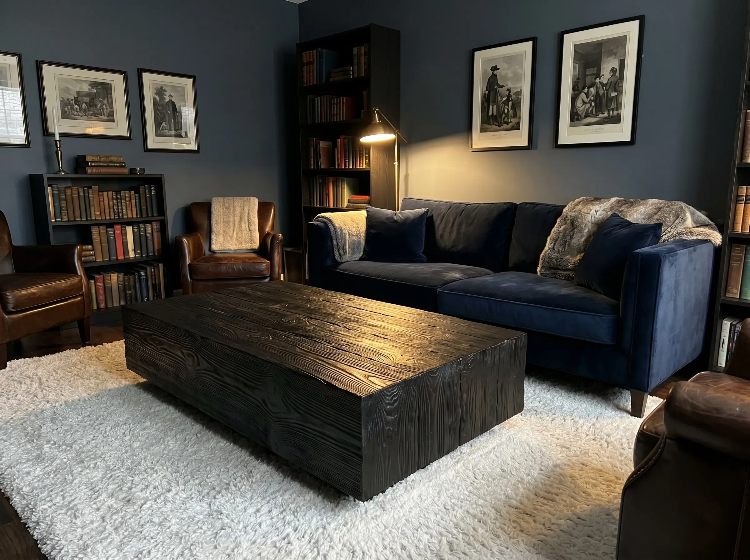A black ebonized ash wood table rests on a stark white high-pile rug alongside a dark navy blue sofa and Sherwin-Williams Cyberspace accent walls.