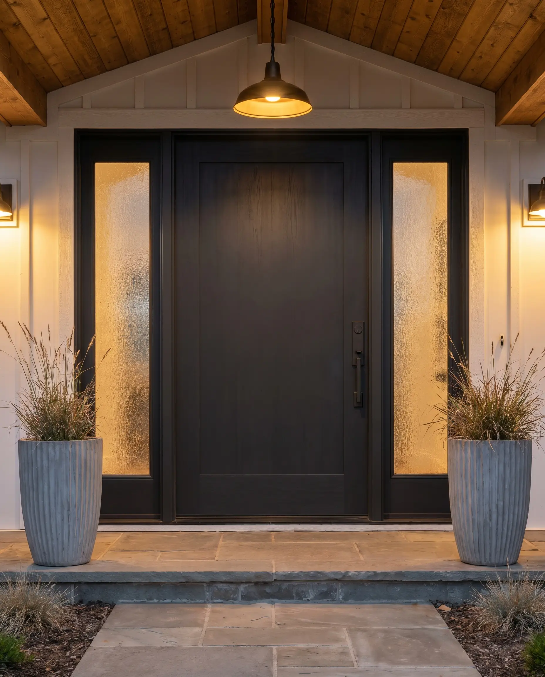 A dramatic true black front door featuring an oversized iron handle set is beautifully framed by frosted seeded glass side-lites and tall ribbed concrete planters.