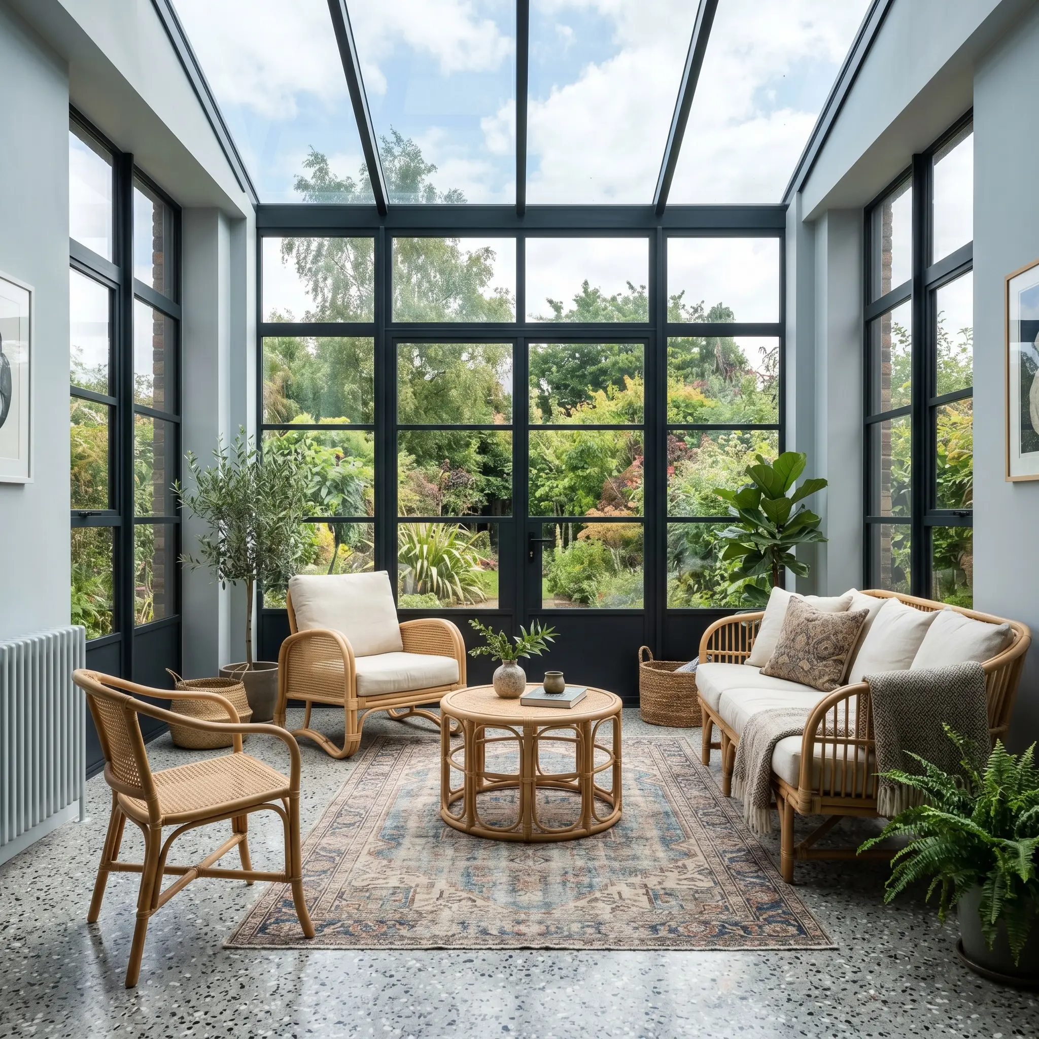 Natural cane and rattan seating rests on a faded vintage rug over terrazzo floors, surrounded by blackened steel windows and walls painted in a cool color structure.