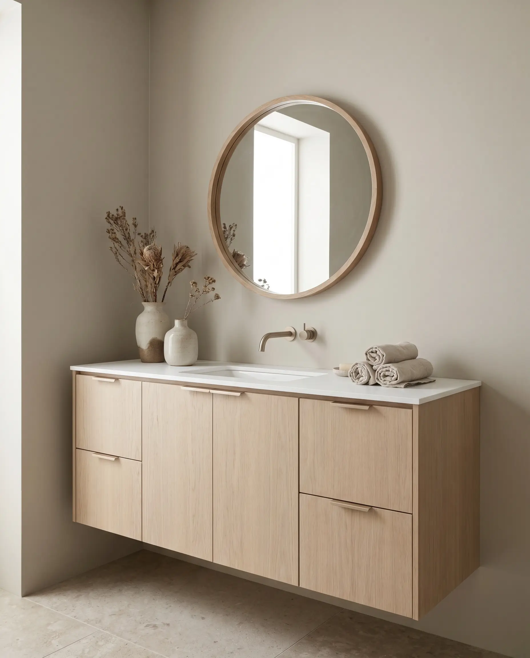 A flat-panel bleached white oak vanity with an ultra-thin white countertop and champagne bronze edge pulls rests against warm taupe greige painted drywall.