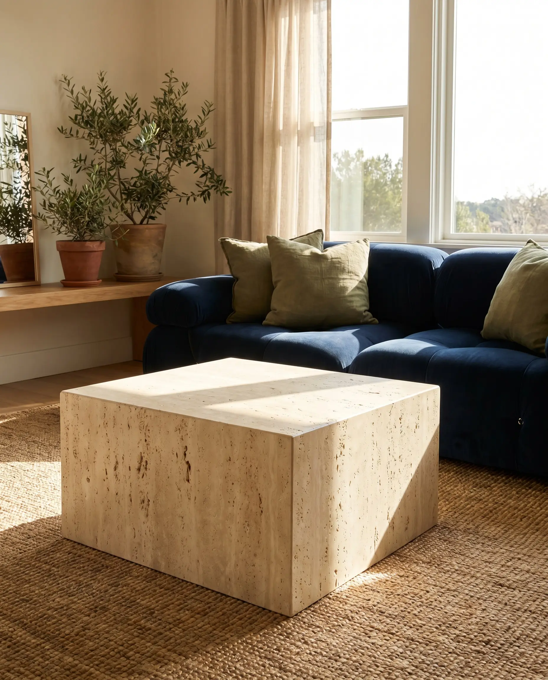 A blocky honed cream travertine coffee table with a pitted matte surface provides organic contrast to a smooth navy blue sofa and olive green accents.