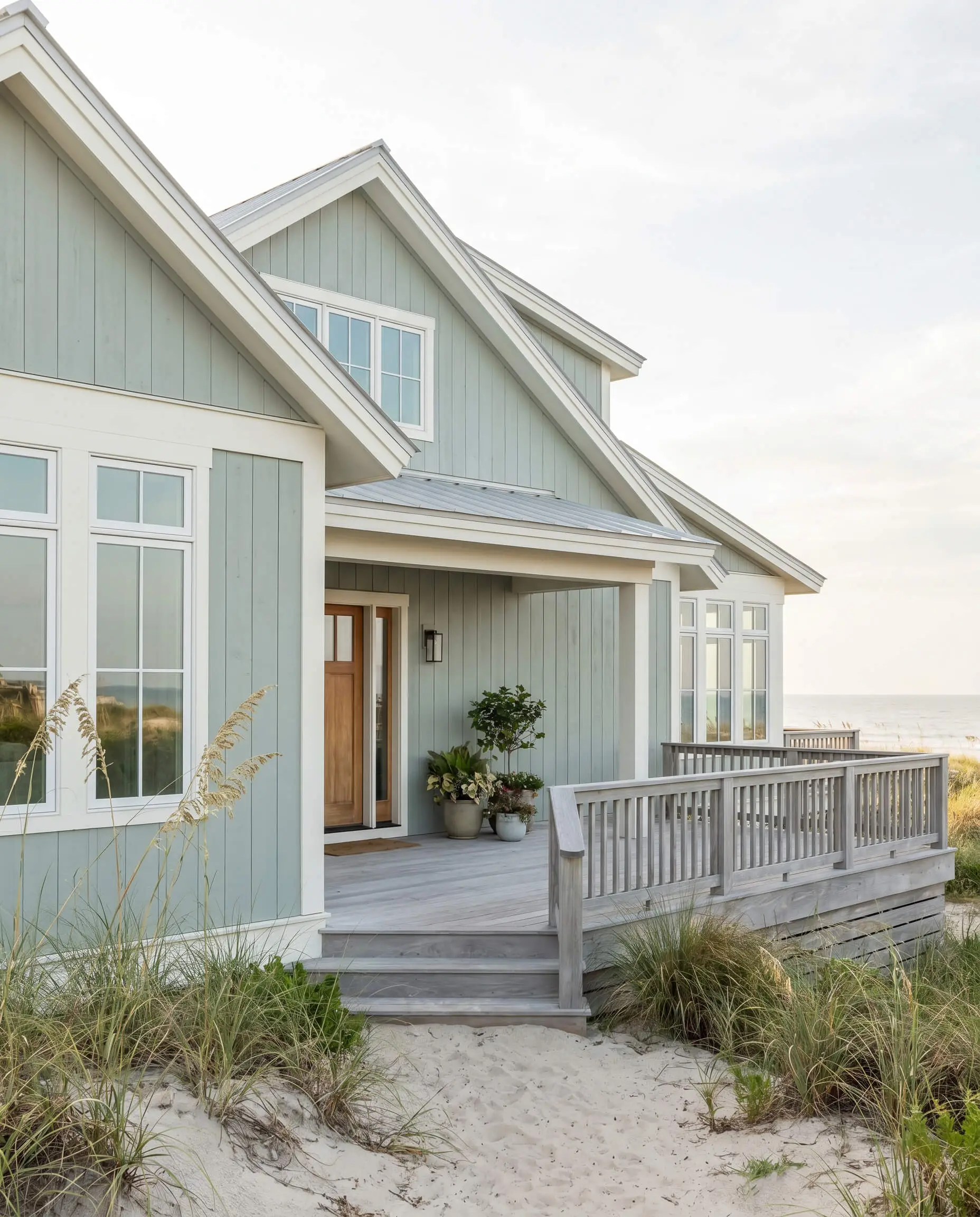 Pale blue-green exterior siding is accented by crisp white trim and soft gray wood decking on a relaxed coastal beachfront property.