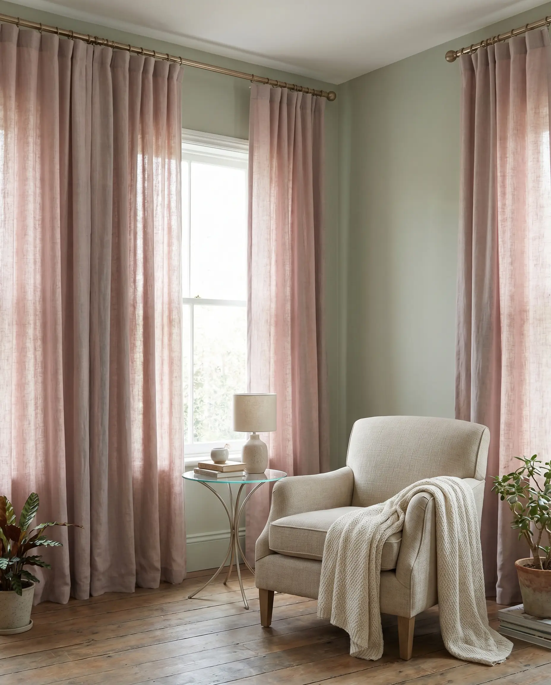 Dusty blush pink slub linen curtains for sage green walls hang from a champagne bronze rod beside an upholstered accent chair and delicate glass table.