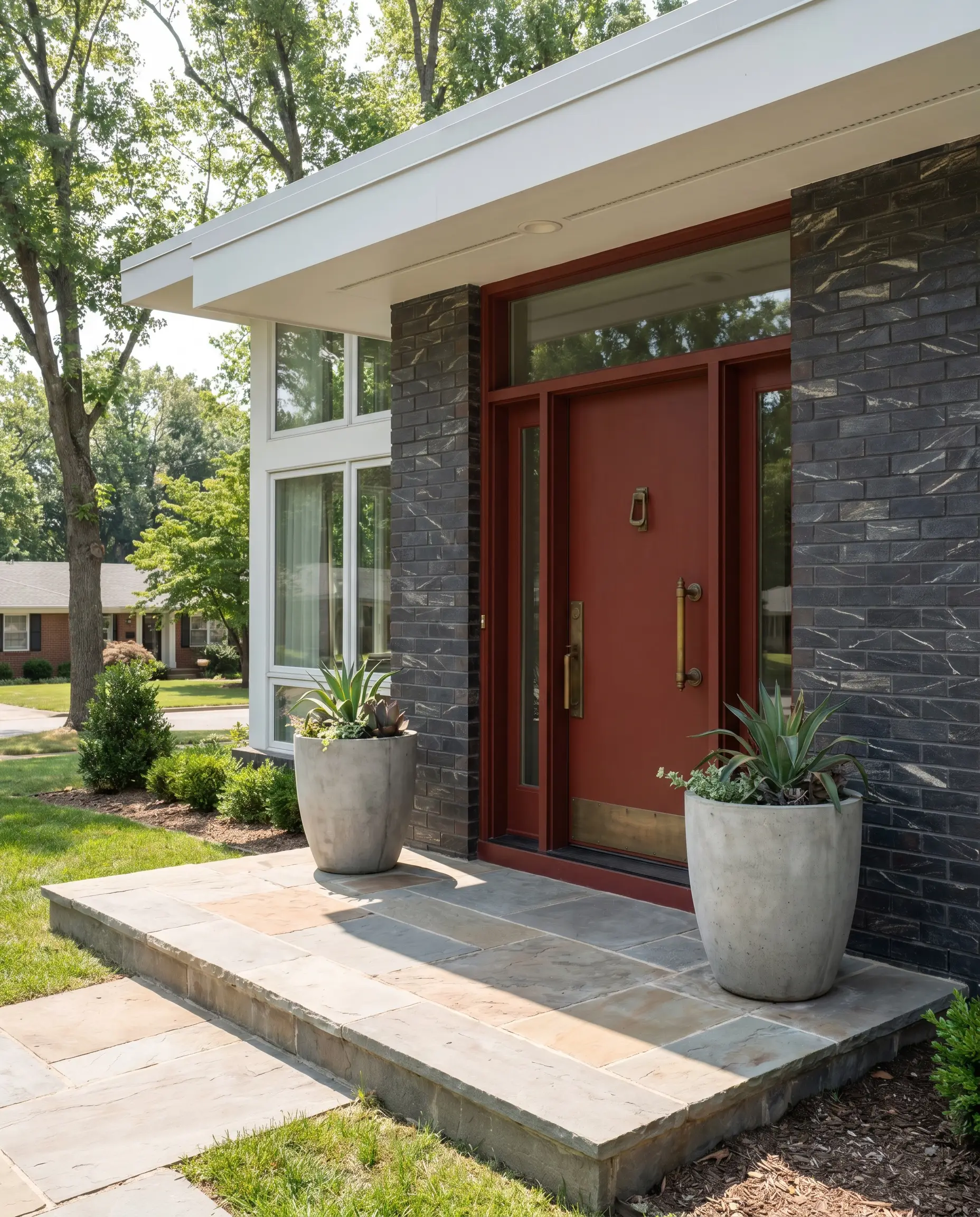 A striking front door painted in a vibrant warm red hue features unlacquered brass hardware, framed by dramatically veined charcoal brick siding and raw concrete planters.