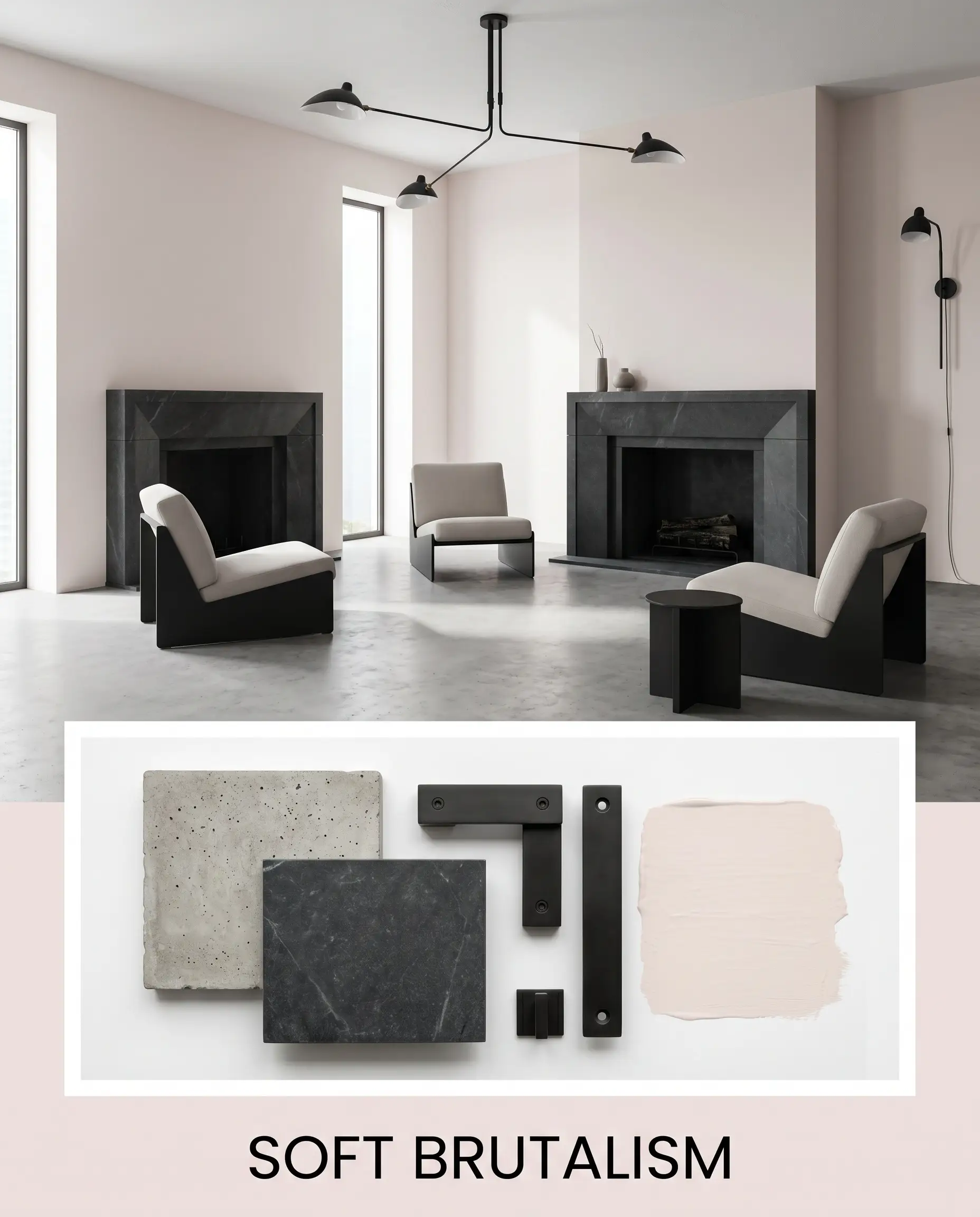 A soft brutalism editorial flat-lay combines raw concrete, dark charcoal soapstone, and blackened steel hardware beneath a minimalist living space painted in Benjamin Moore First Light (Hex #EFE2DE).