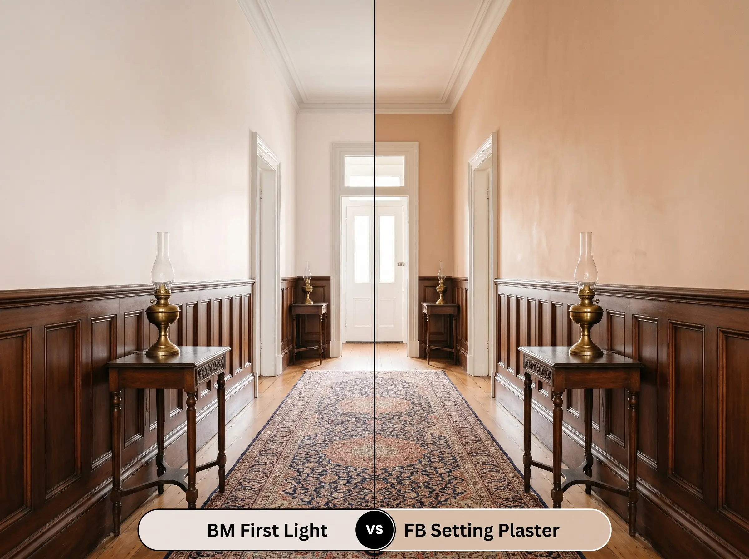 A side-by-side split-screen comparison of Benjamin Moore First Light on the left and Farrow & Ball Setting Plaster on the right, shown in a heritage property hallway with tall wainscoting.