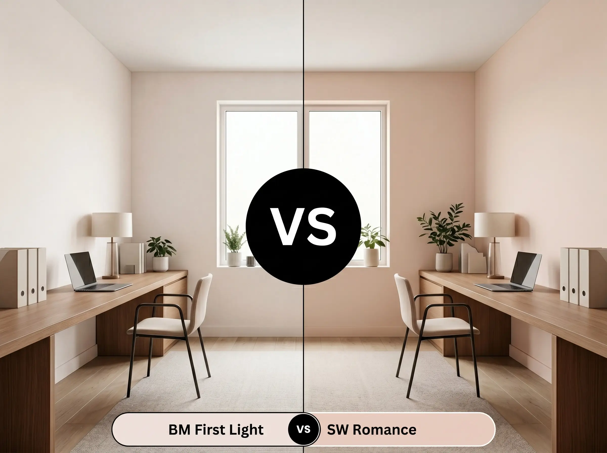 A side-by-side split-screen comparison of Benjamin Moore First Light on the left and Sherwin-Williams Romance on the right, shown in a sunlit home office with a built-in desk.
