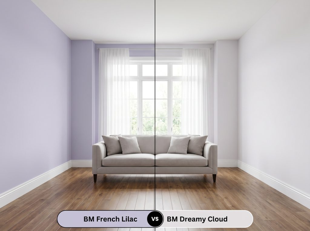 A side-by-side split-screen comparison of Benjamin Moore French Lilac on the left and Benjamin Moore Dreamy Cloud on the right, shown in a transitional living room.