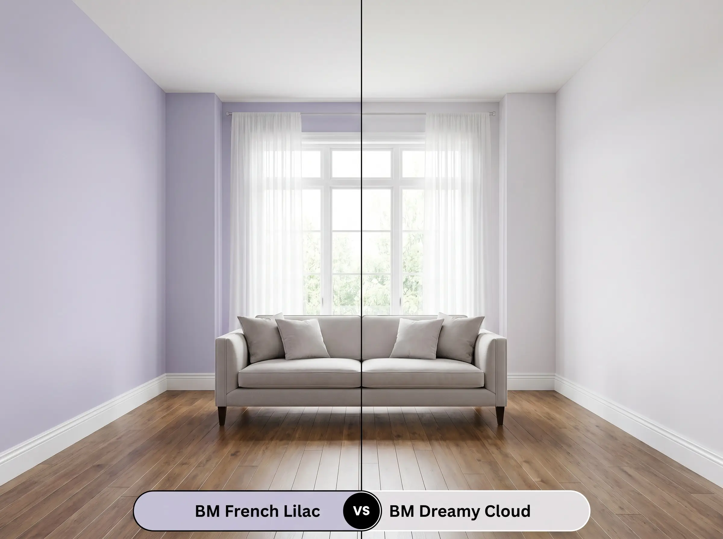 A side-by-side split-screen comparison of Benjamin Moore French Lilac on the left and Benjamin Moore Dreamy Cloud on the right, shown in a transitional living room.