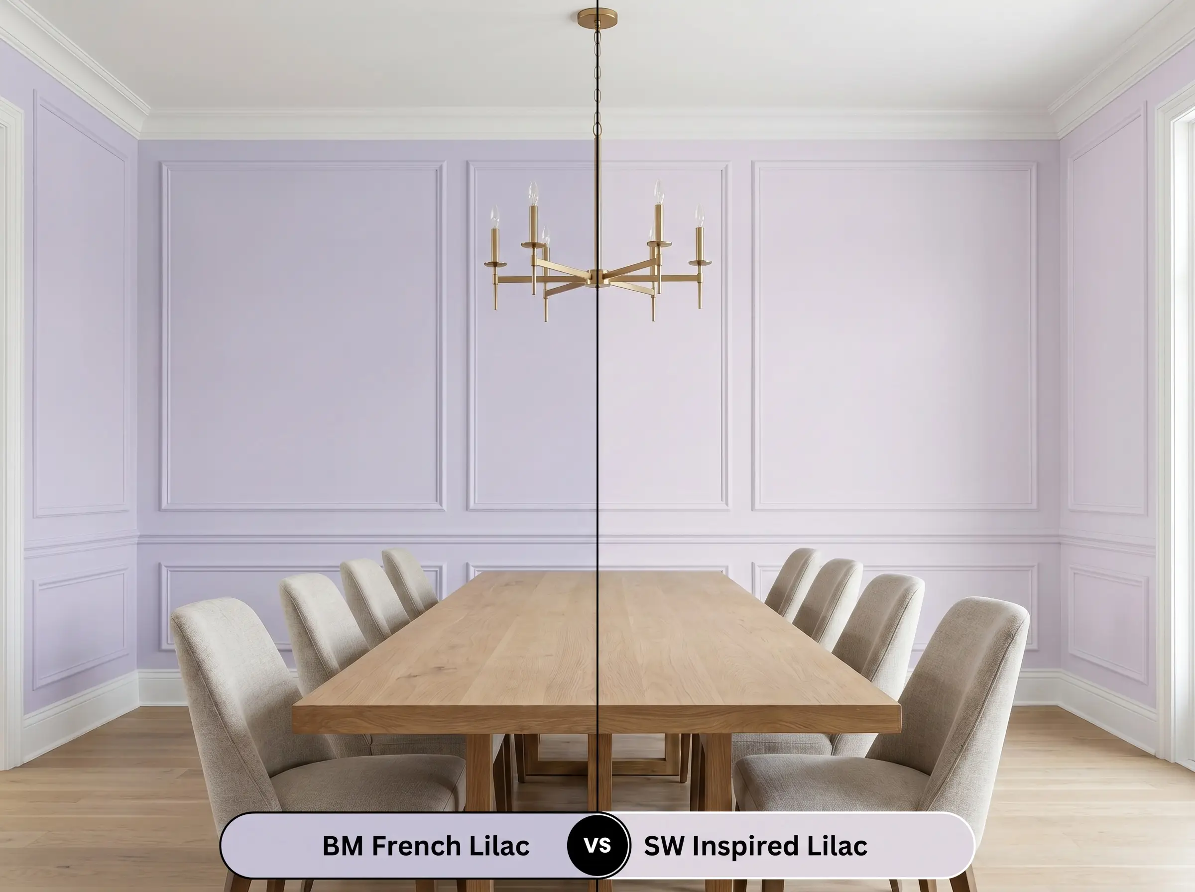 A side-by-side split-screen comparison of Benjamin Moore French Lilac on the left and Sherwin-Williams Inspired Lilac on the right, shown in a refined dining room.