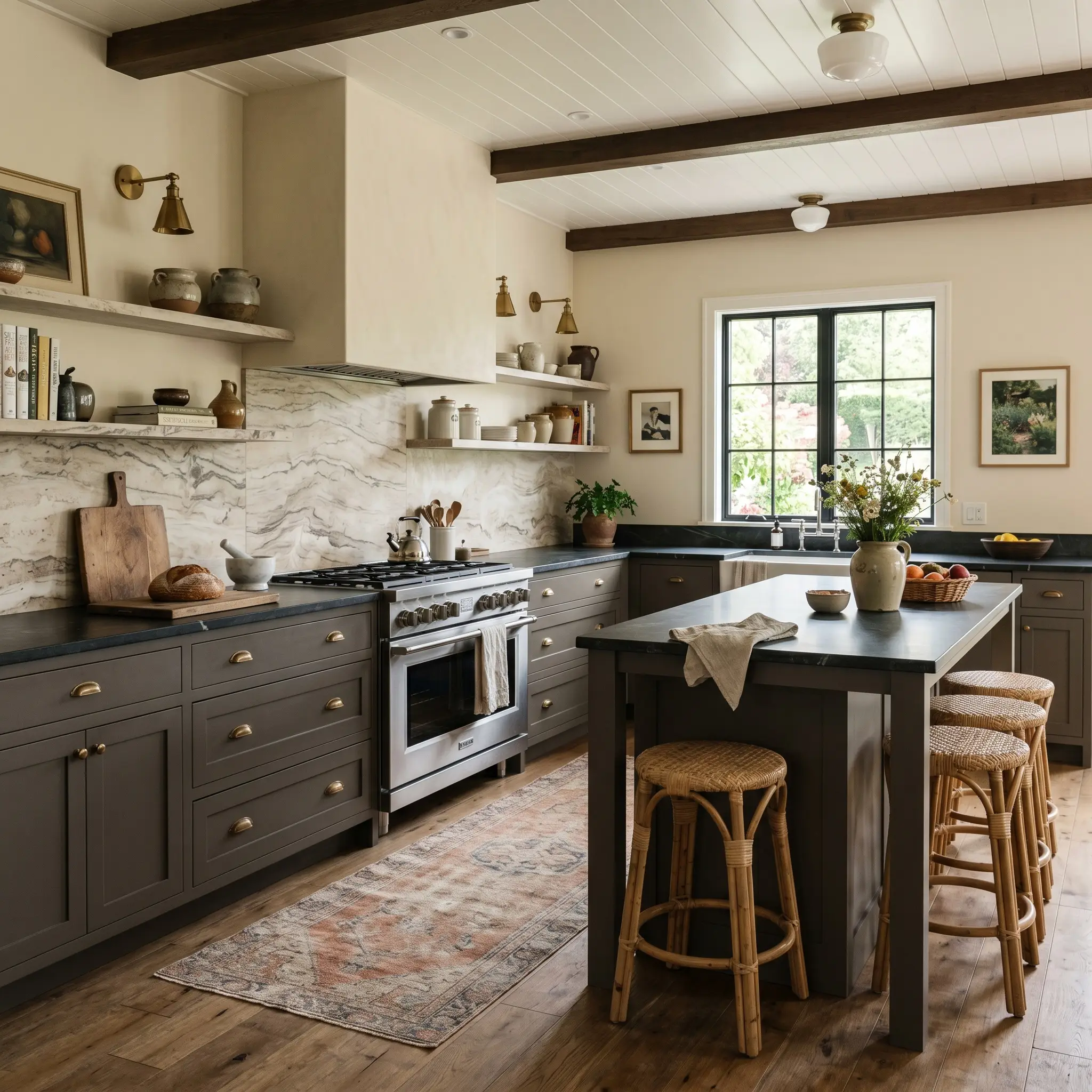 Soft black lower cabinetry and a central island anchor a spacious kitchen featuring honed soapstone countertops, a dramatically veined travertine backsplash, and woven rattan barstools.
