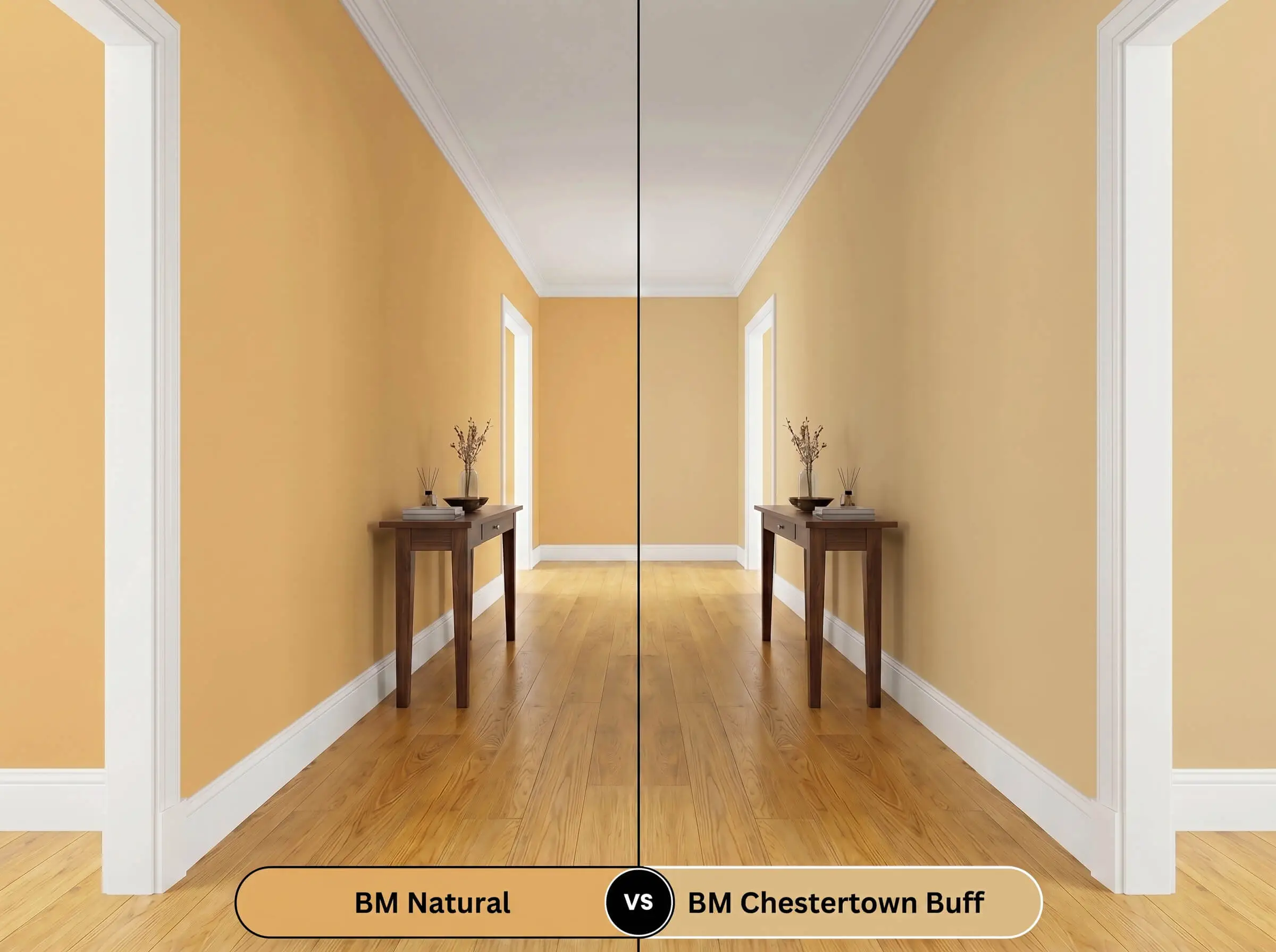 A side-by-side split-screen comparison of Benjamin Moore Natural on the left and Benjamin Moore Chestertown Buff on the right, shown in a modern hallway with a symmetrical console table.