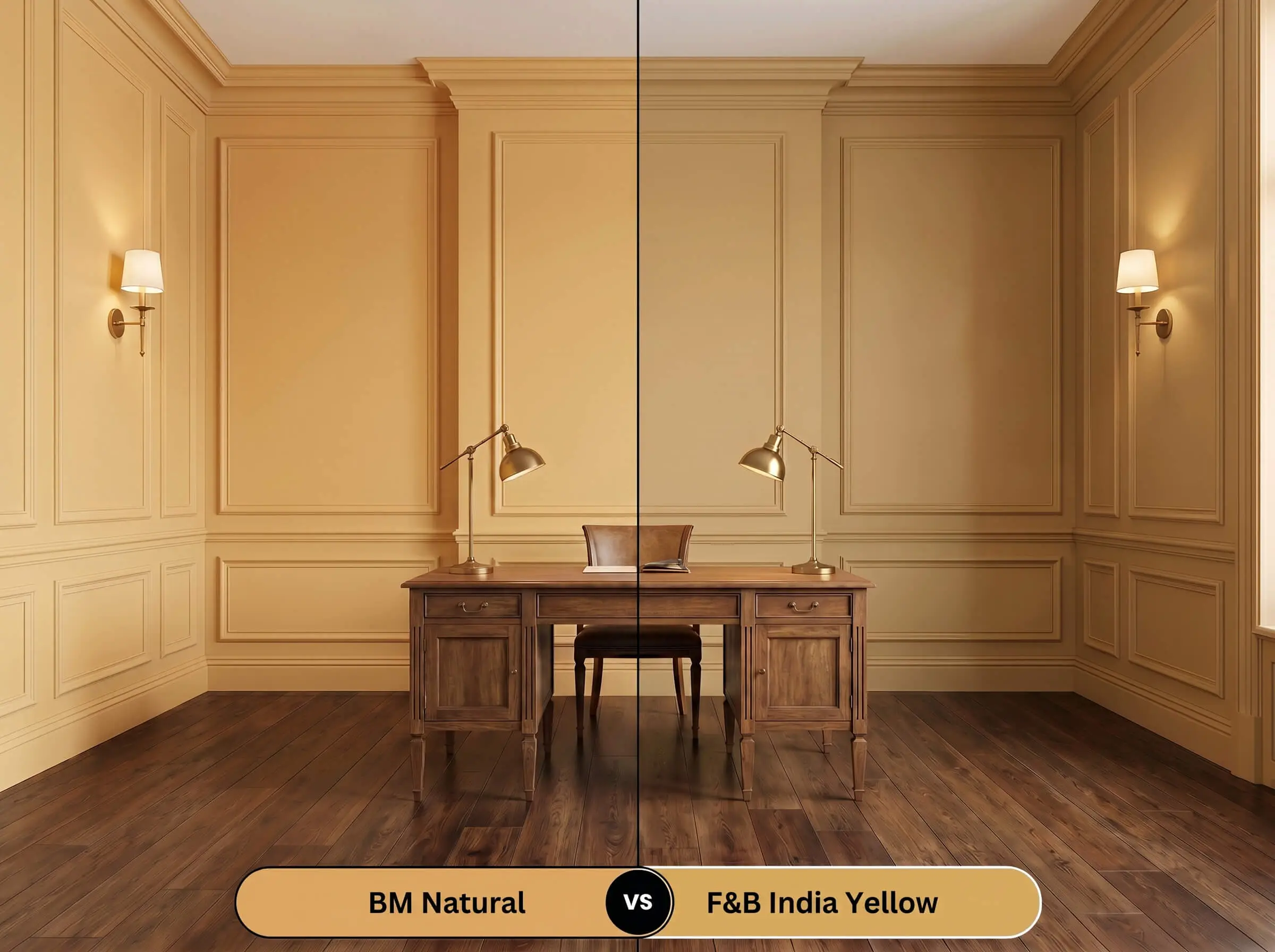 A side-by-side split-screen comparison of Benjamin Moore Natural on the left and Farrow & Ball India Yellow on the right, shown in a historic study with tall wainscoting.