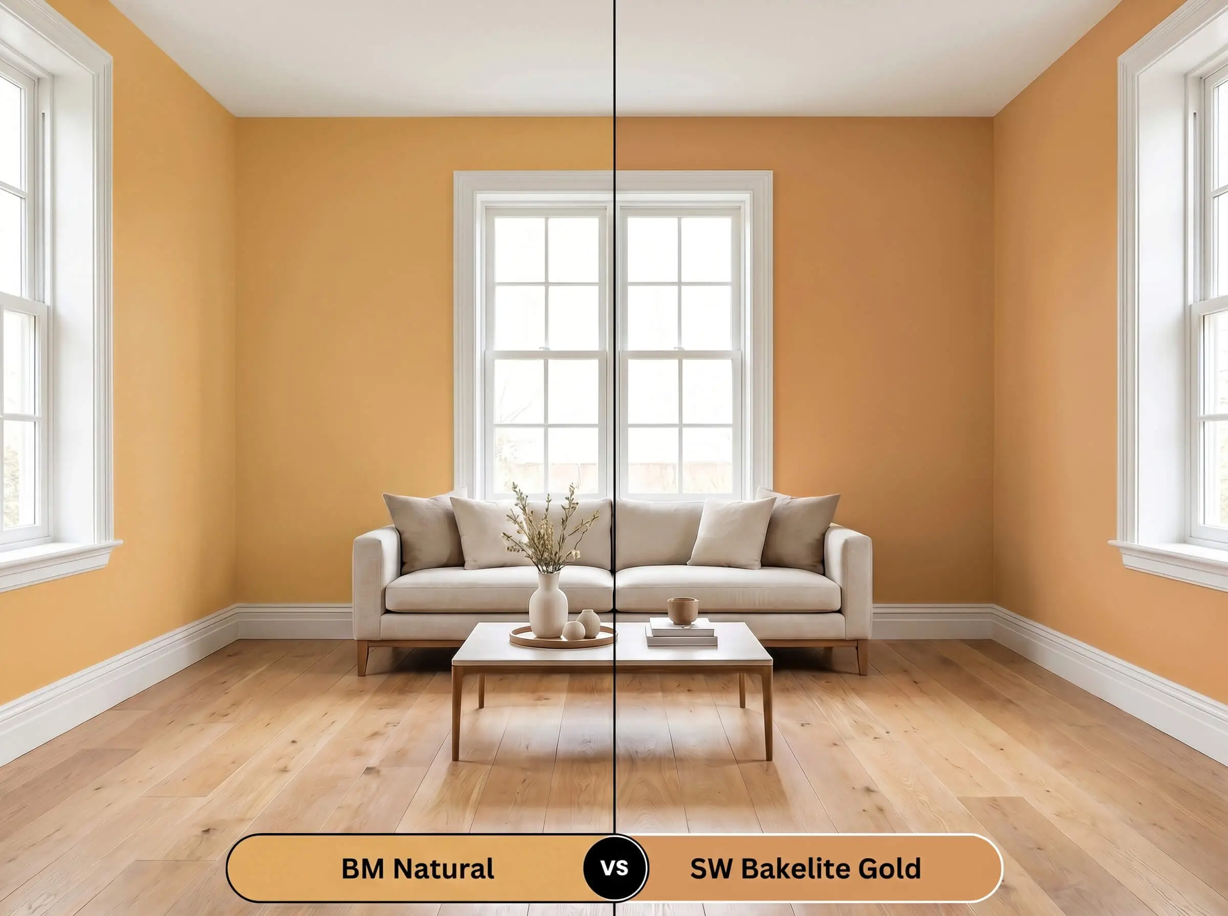 A side-by-side split-screen comparison of Benjamin Moore Natural on the left and Sherwin-Williams Bakelite Gold on the right, shown in a bright living room with natural oak floors.