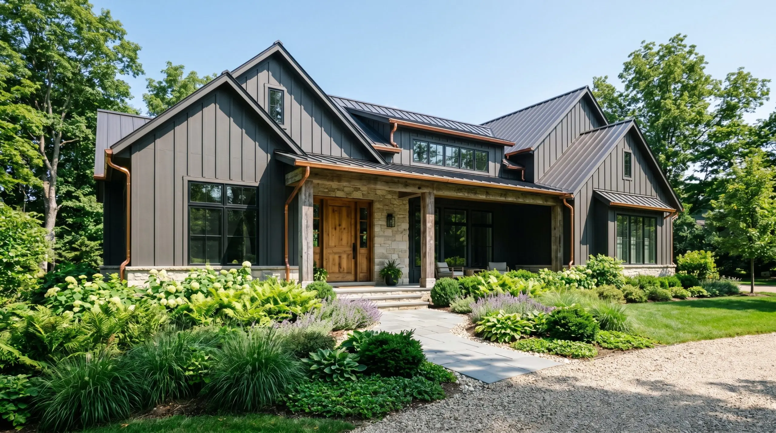 A modern-traditional house facade features primary siding coated in a saturated black architectural finish, accented by copper gutters and reclaimed wood columns.