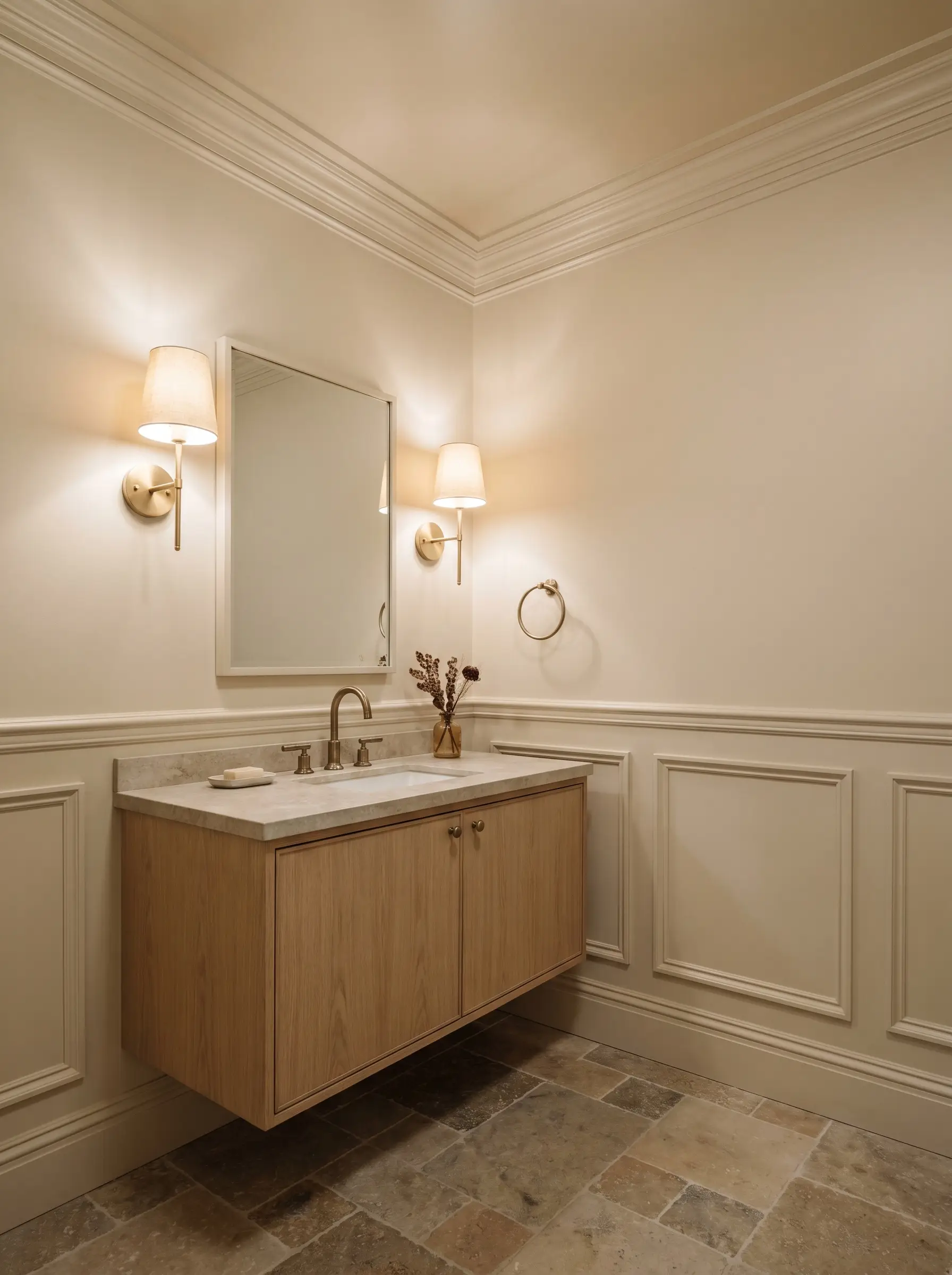 Unlacquered brass sconces cast a warm glow against classic wainscoting and a floating oak vanity completely drenched in Benjamin Moore Pale Oats.