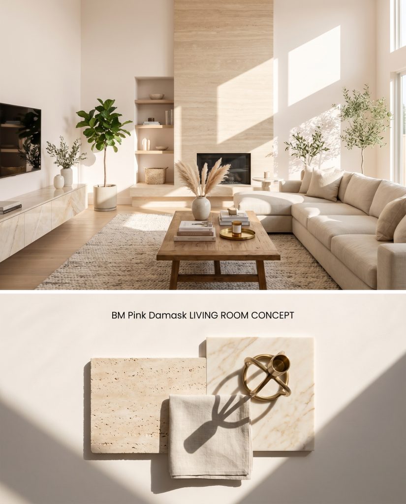 A split digital conceptual board for a living room showcasing BM Pink Damask walls flooded with southern sunshine, above a flat-lay of honed travertine.