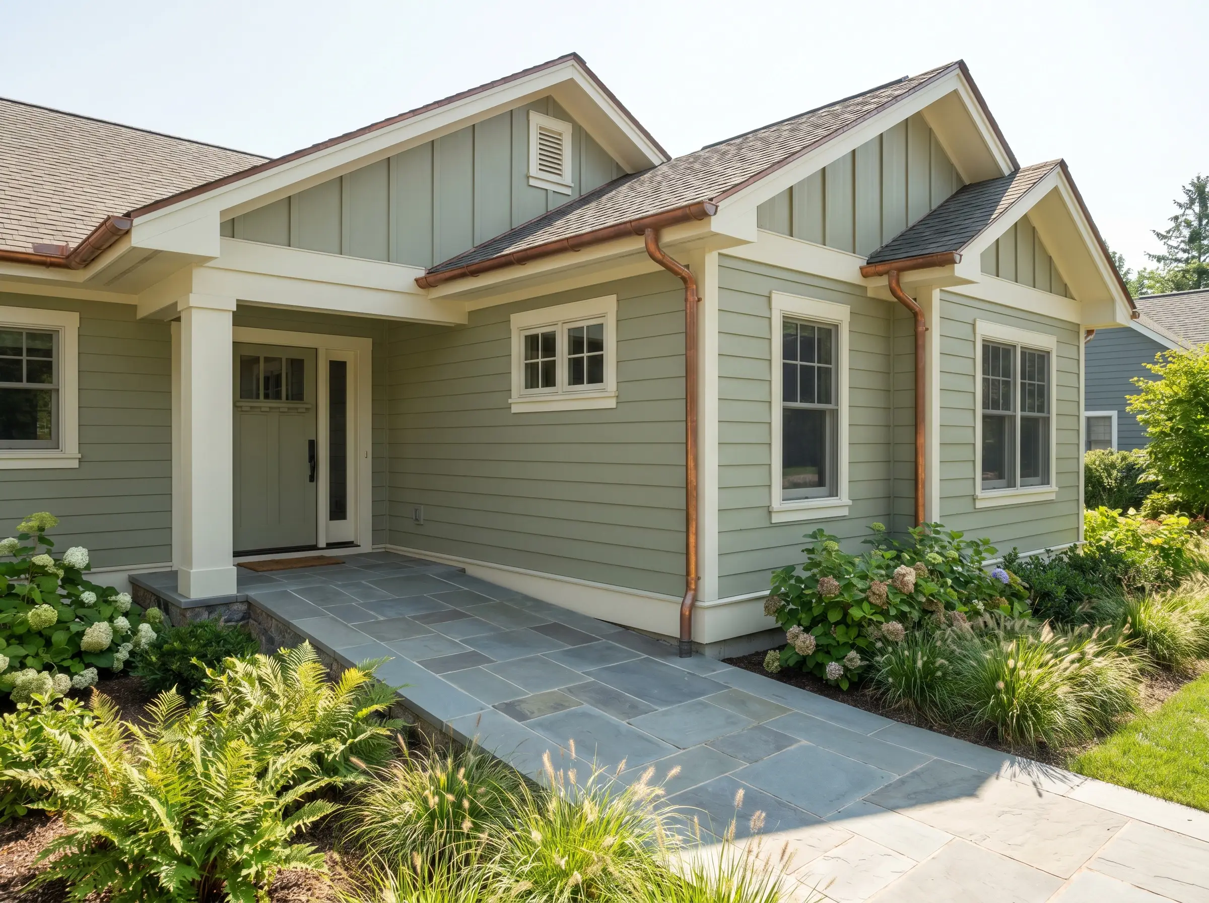 Natural copper gutters and a slate stone walkway highlight a modern suburban cottage facade featuring exterior wood siding painted in a silvery herbaceous green.