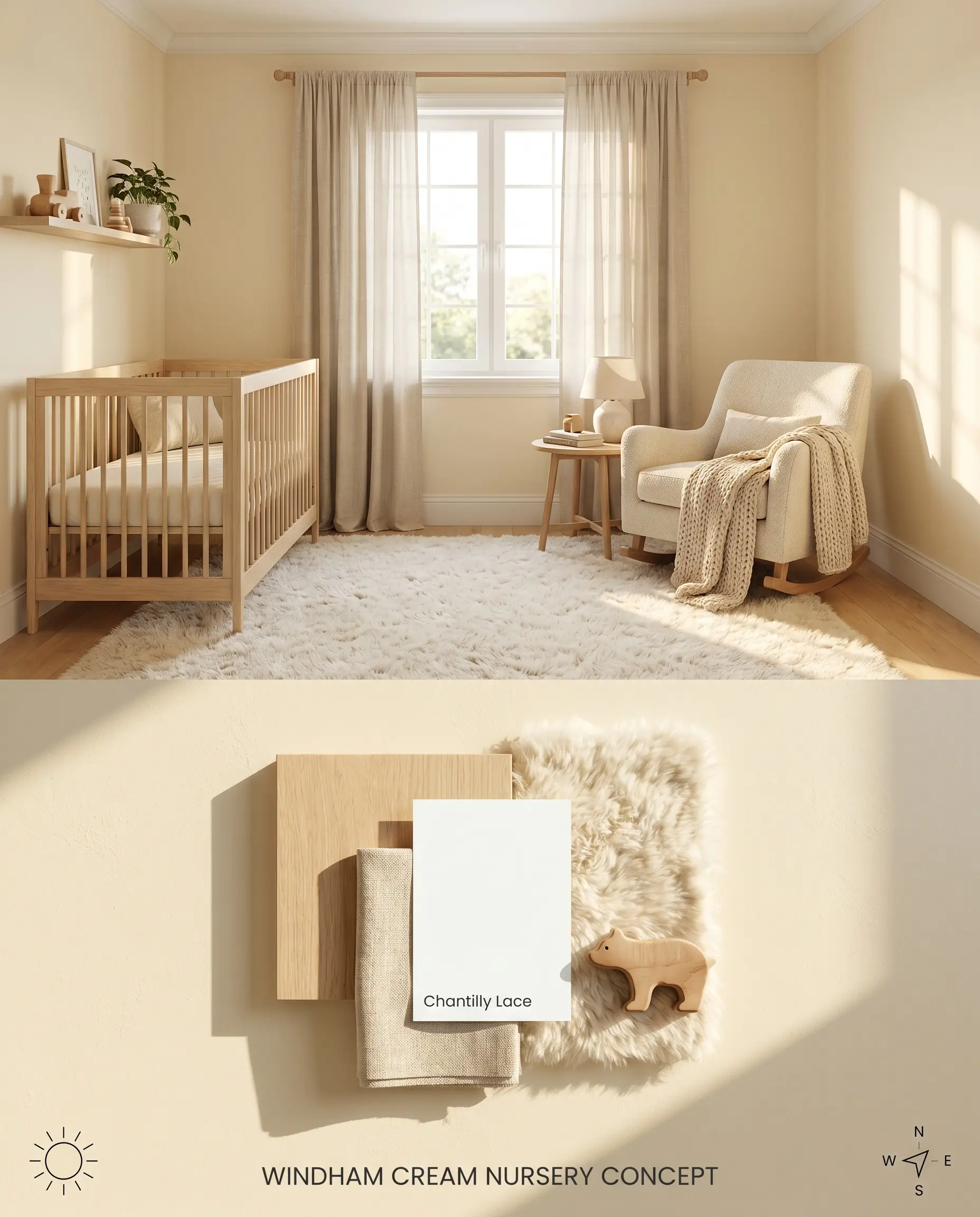 A two-part digital conceptual board displaying a pale butter nursery with a pale oak crib above, and a flat-lay of woven linen and wood materials underneath.