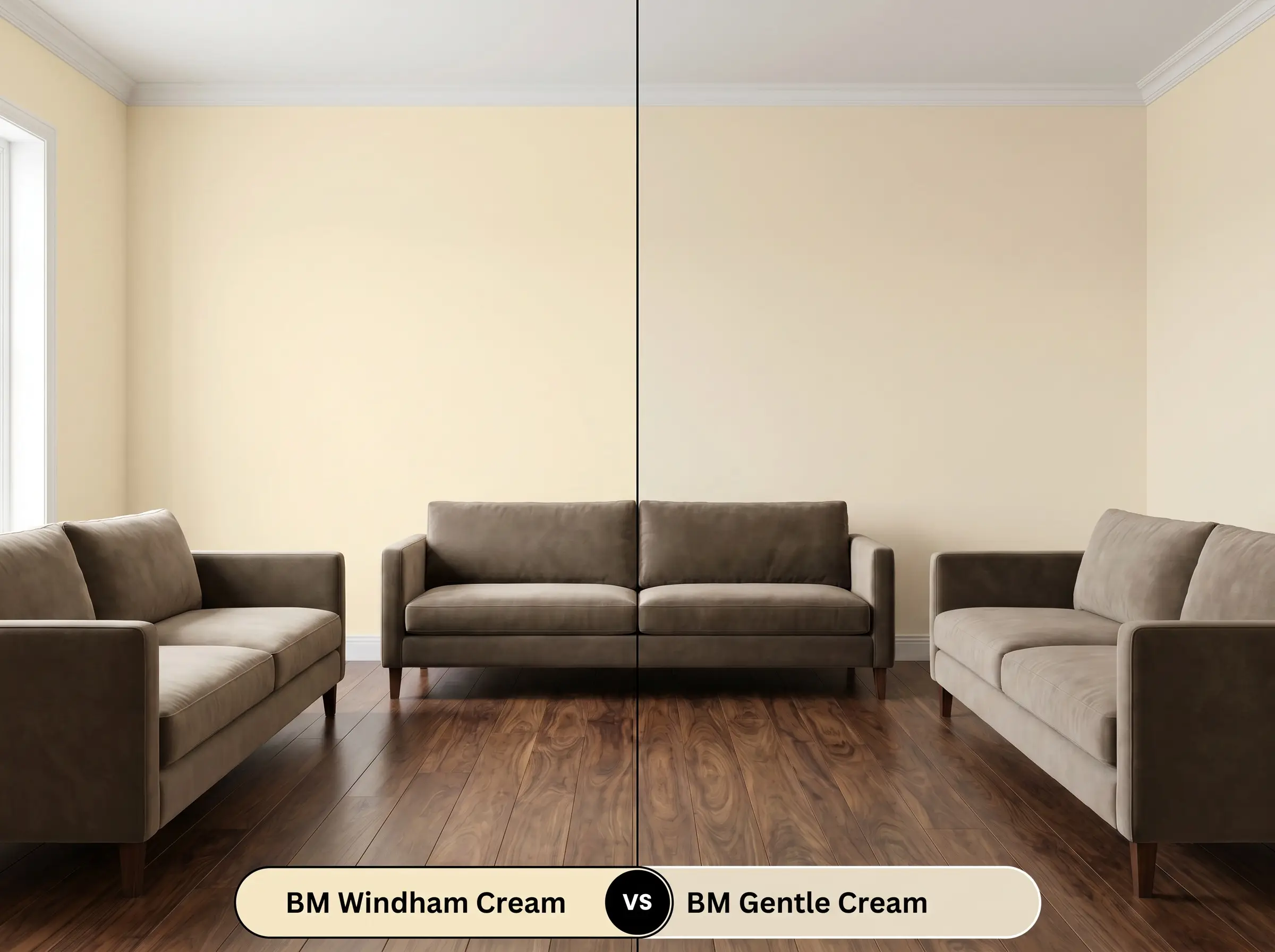 A split-screen living room comparing Benjamin Moore Windham Cream (Hex #F5E9C7) on the left against Benjamin Moore Gentle Cream (Hex #E9DDC5) on the right, featuring identical walnut floors.