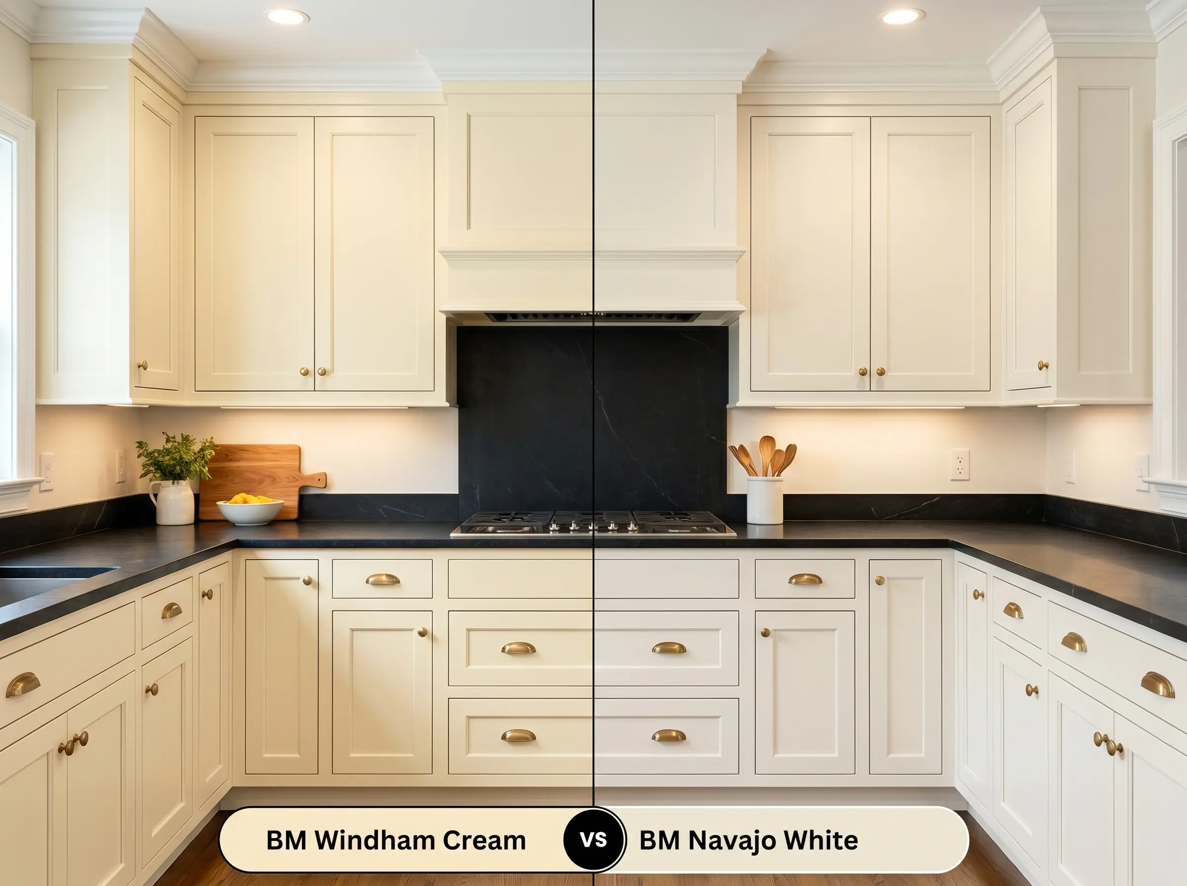 A split-screen traditional kitchen comparing Benjamin Moore Windham Cream (Hex #F5E9C7) cabinetry on the left against Benjamin Moore Navajo White (Hex #EEE7D5) on the right, with black soapstone counters.