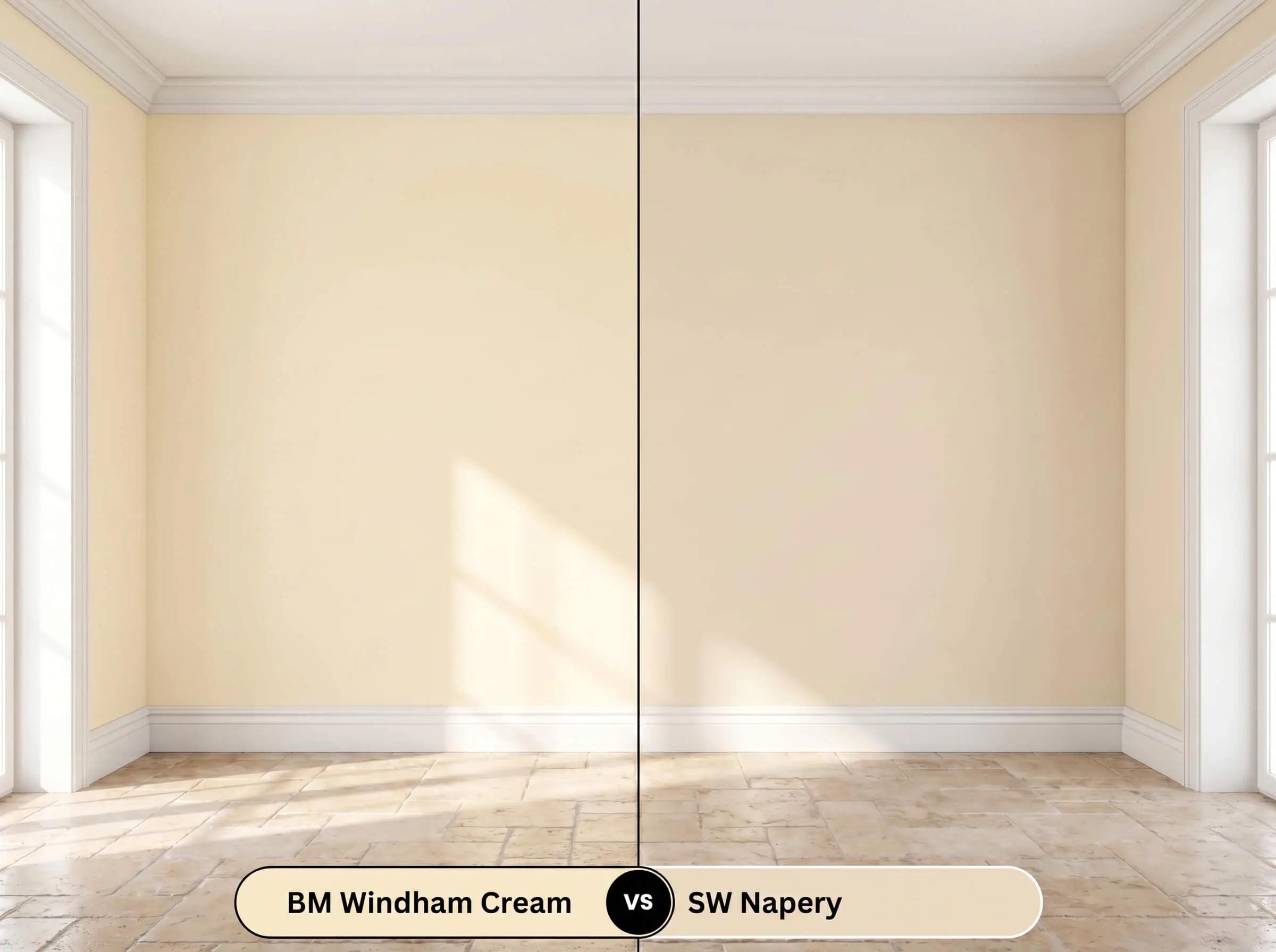 A split-screen architectural interior comparing Benjamin Moore Windham Cream (Hex #F5E9C7) on the left against Sherwin-Williams Napery (Hex #EFDDC1) on the right, sharing a continuous travertine floor.