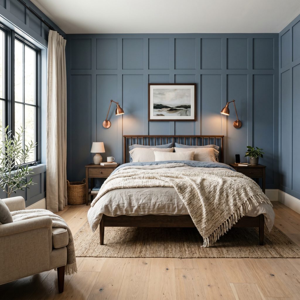 Floor-to-ceiling board and batten walls painted in a mid-tone blue frame a spindle bed dressed in washed linen, flanked by brushed copper reading sconces.