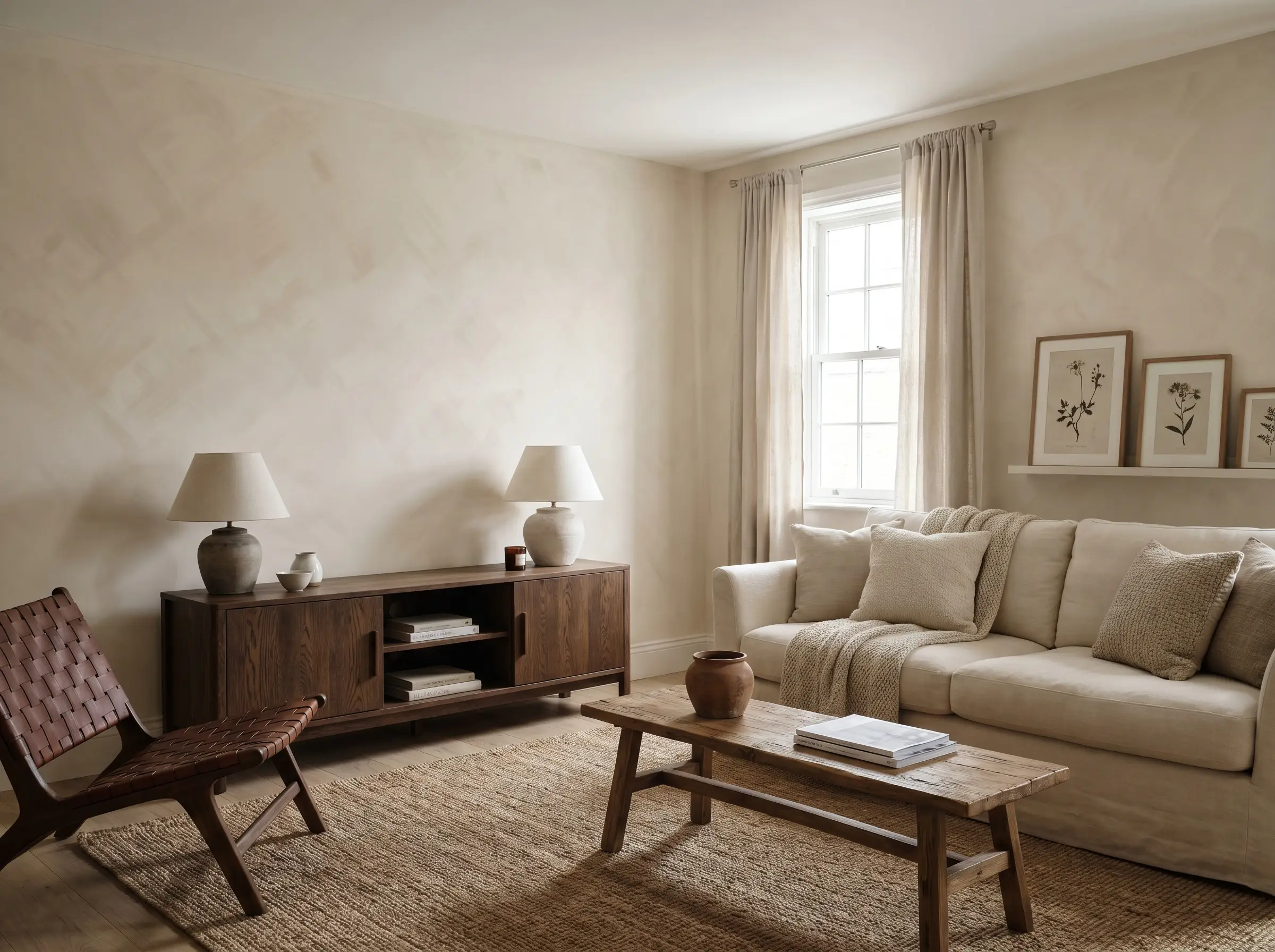 Dark oak wood furniture and a structured side chair contrast against bone white Bauwerk Colour limewash walls showing subtle cross-hatch brushstrokes.
