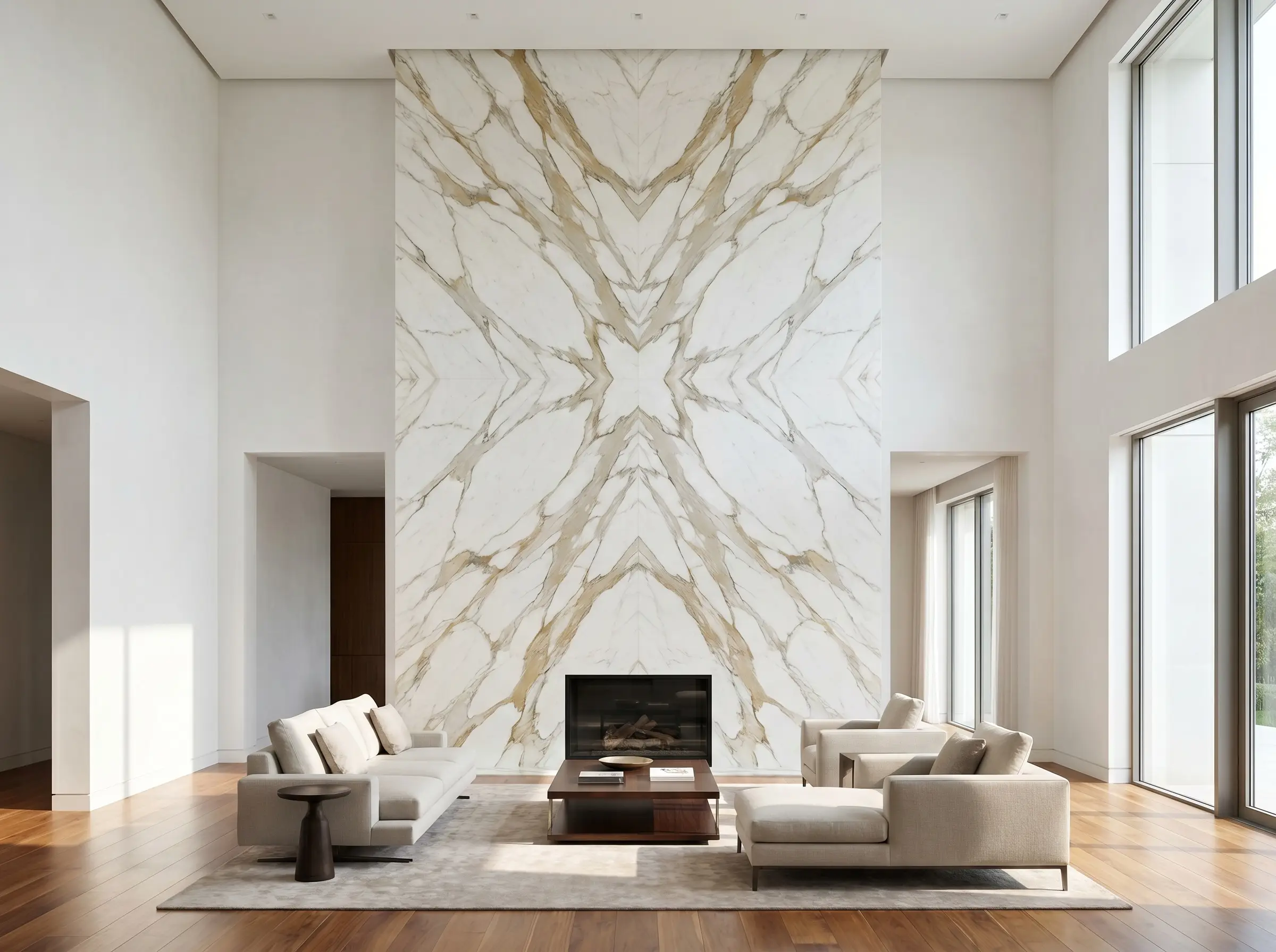 Two massive adjacent slabs form a book-matched Calacatta Gold marble fireplace in a double-height living room with sleek hardwood floors and minimalist furnishings.