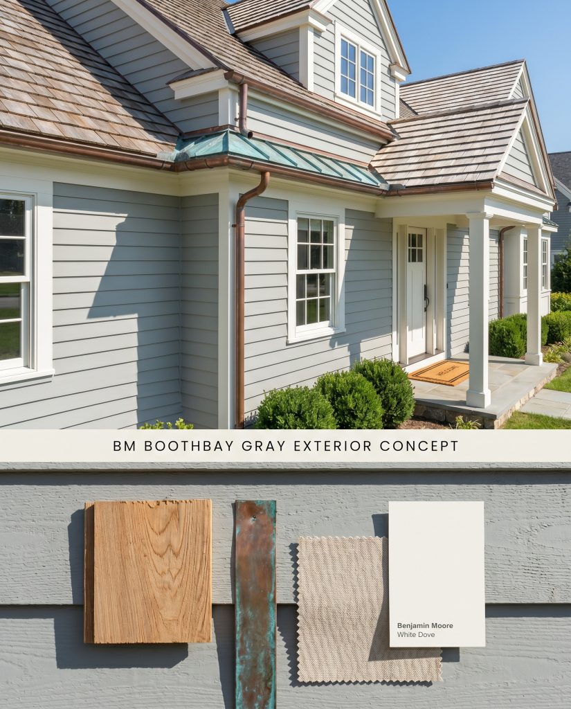 A split digital conceptual board showing a cool-toned cast exterior facade above, and a painted wood siding texture with copper flashing below.
