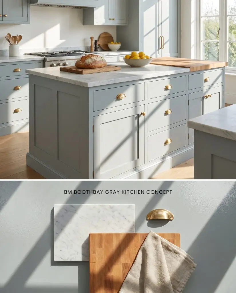 A split digital conceptual board showing a coastal blue-gray kitchen island with honed marble above, and physical enamel textures with unlacquered brass below.