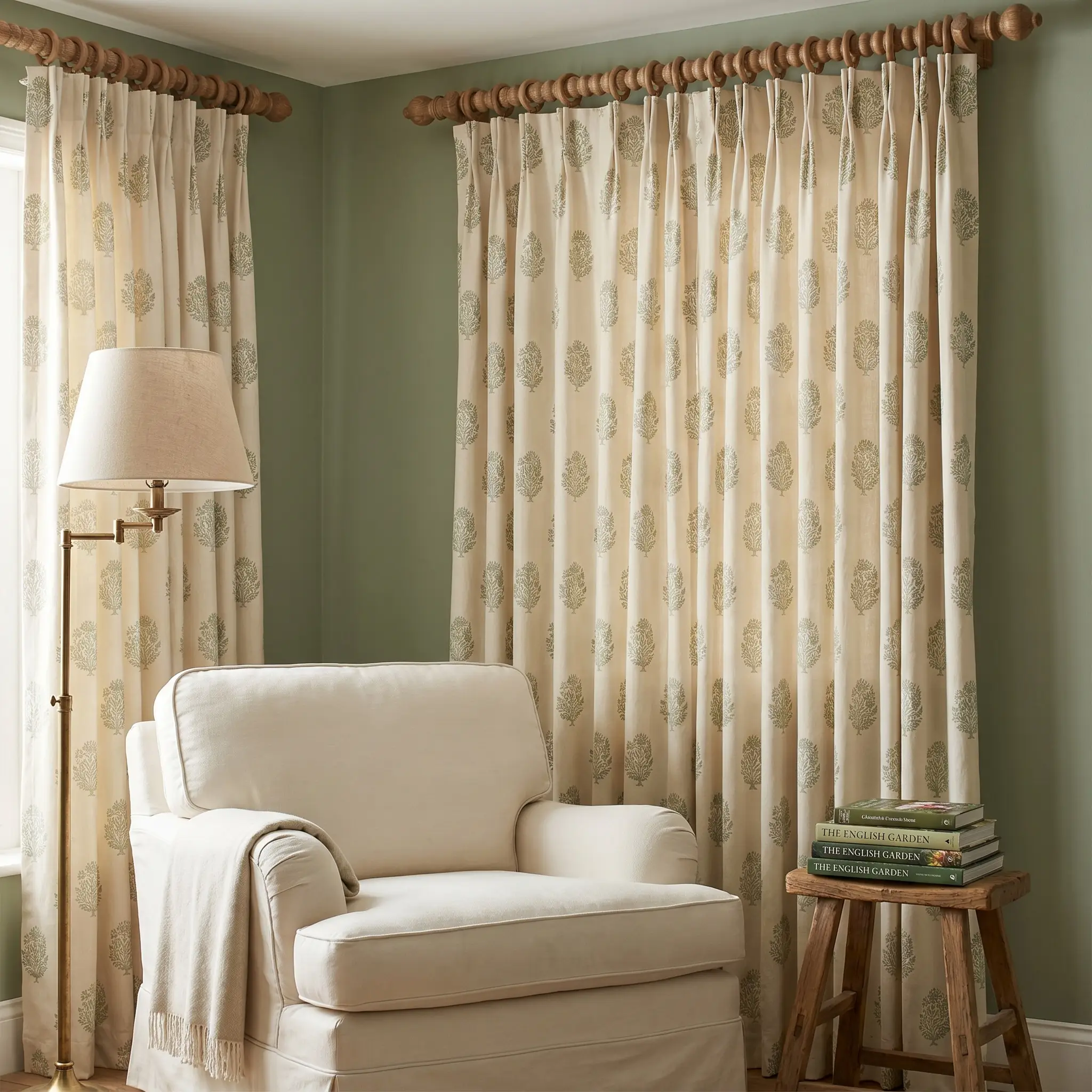 Printed cotton blend curtains featuring a subtle botanical block-print hang from a carved wooden spindle rod beside a slipcovered armchair and vintage brass floor lamp.
